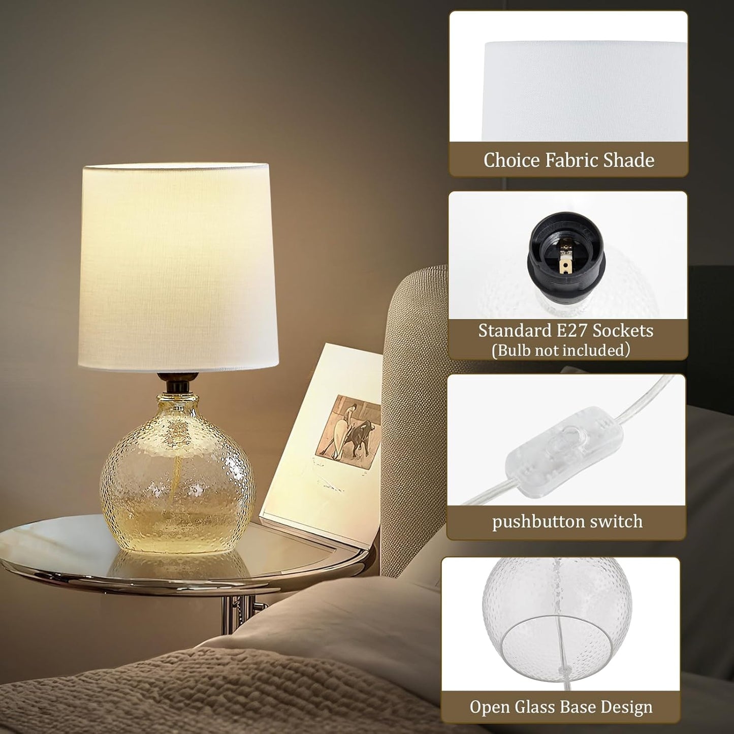 GyroVu Set of 2 Glass Table Lamps with White Fabric Shades – Modern Ambient
