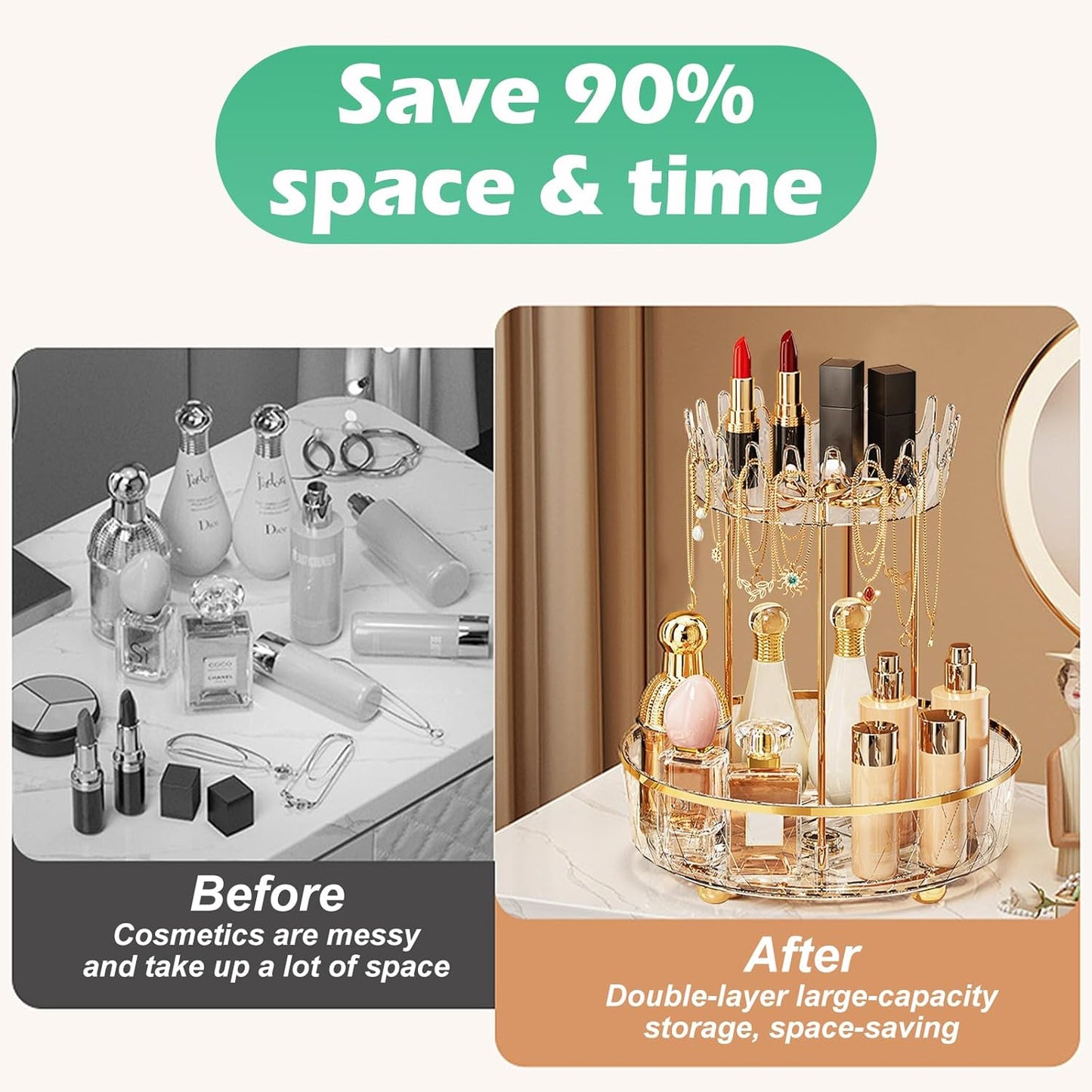 2-Tier 360° Rotating Makeup Organiser – Clear Vanity Storage for Skincare & Cosmetics