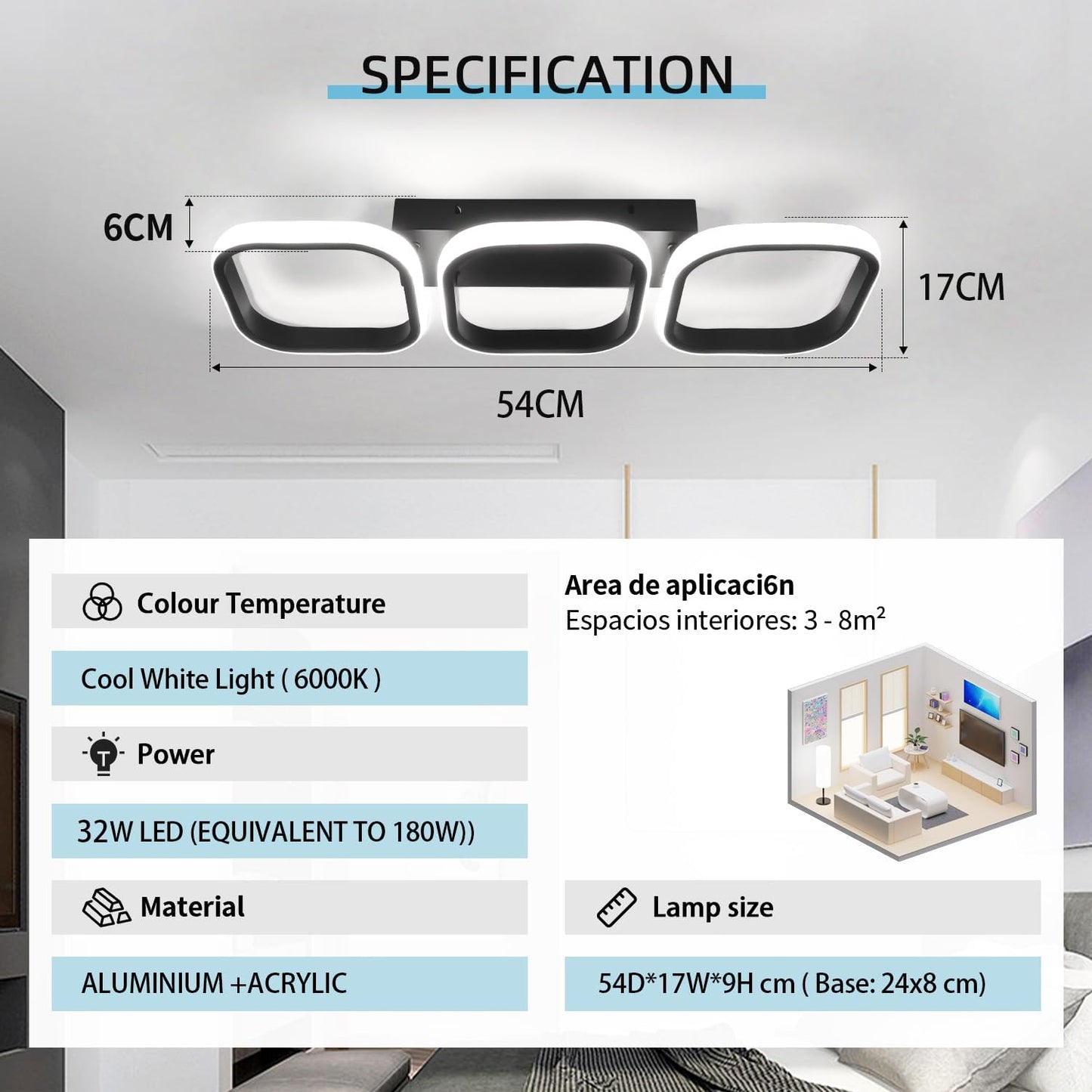 EIDISUNY 3‑Rectangle LED Ceiling Light 33W Cool White Modern Black/White