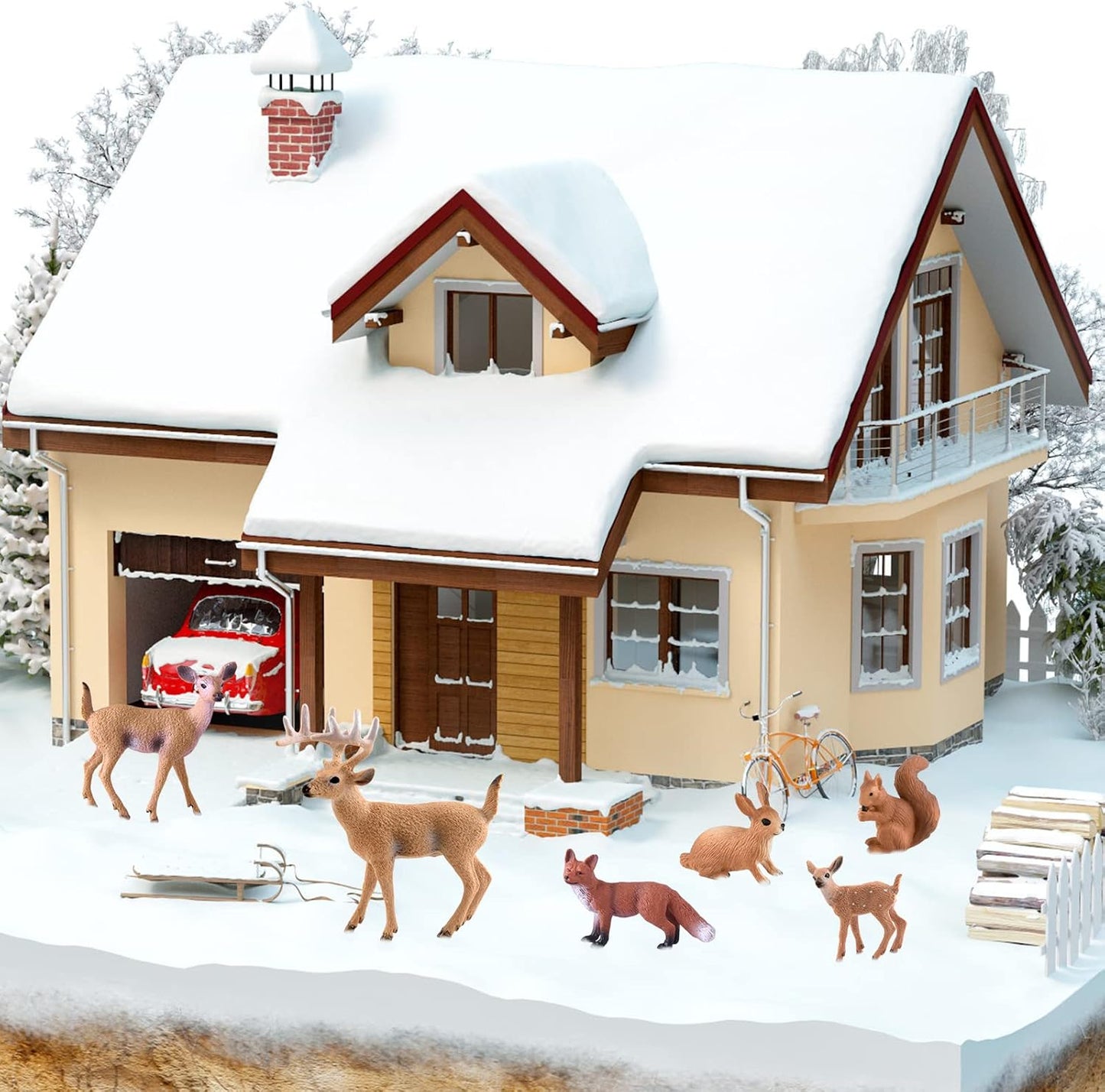 PLULON 30-Pc Mini Xmas Trees & Woodland Animals Kit – Bottle Brush, Rustic Village Décor