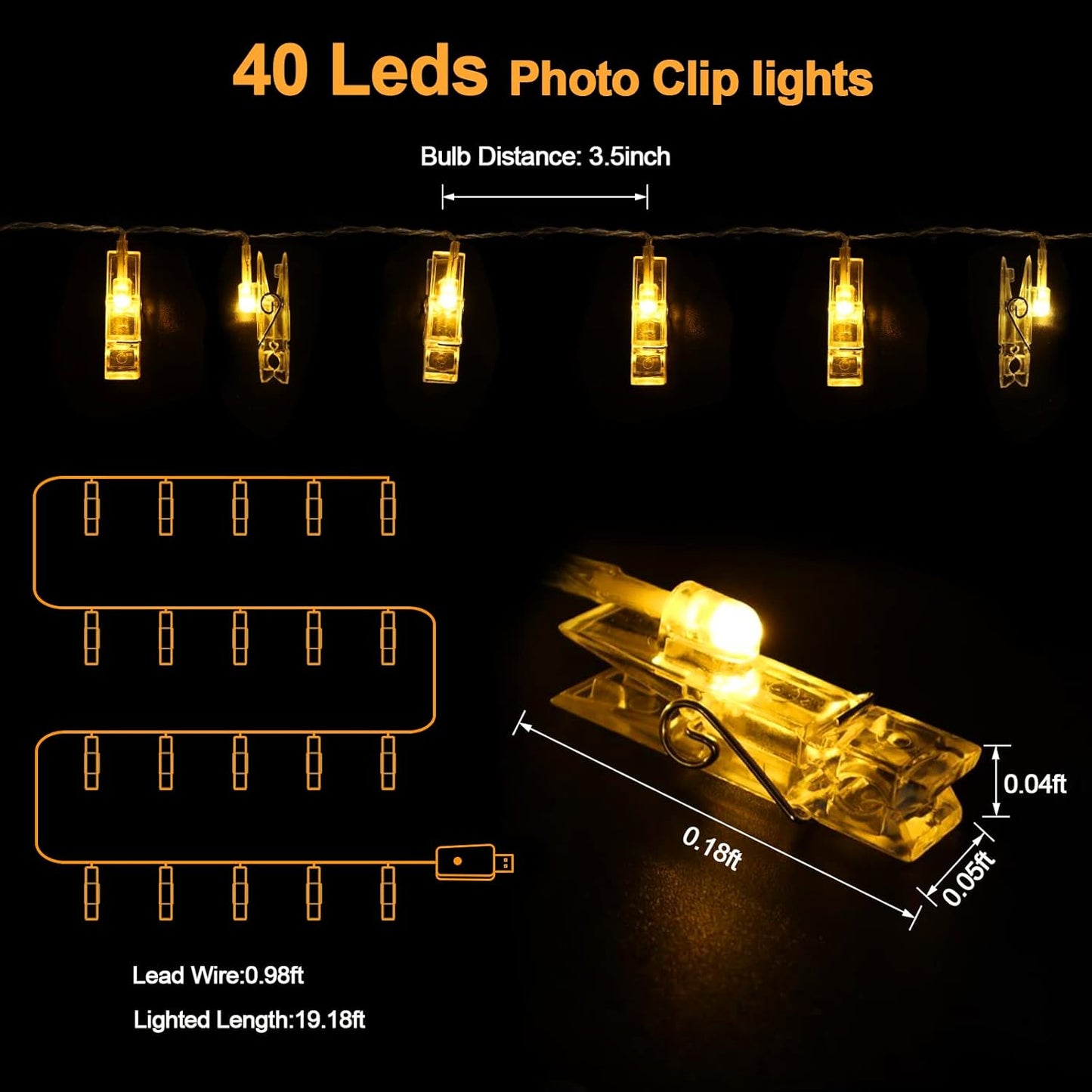 6 m 40 LED Photo Clip String Fairy Lights ‑ Battery Operated Wall & Room Décor