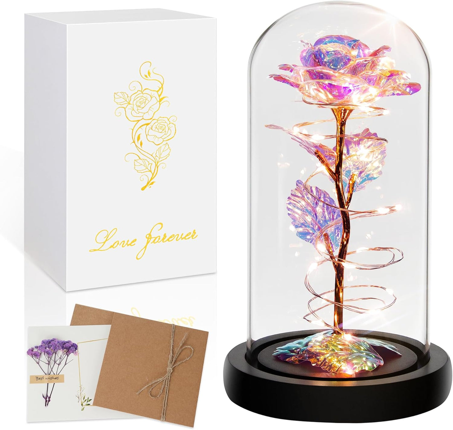 LED Rainbow Roses Glass Dome | Preserved Floral Gift, Night‑Light Décor