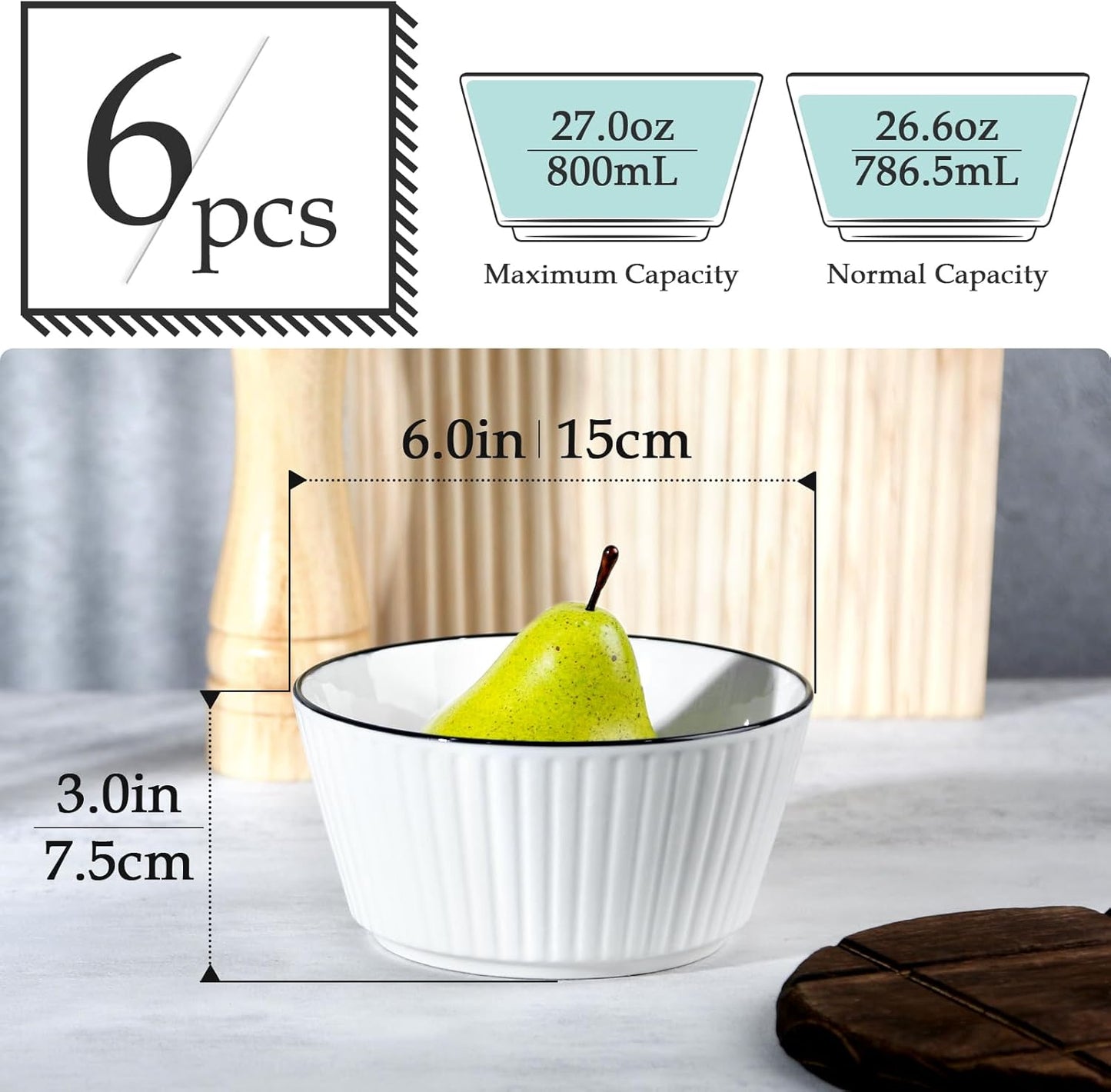 Set of 6 Ceramic Bowls 27 oz – Oven/Microwave/Freezer Safe, Stackable & Durable