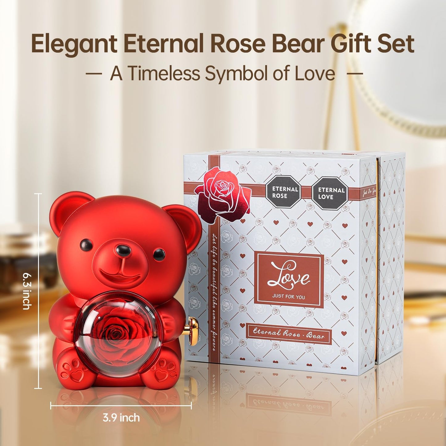 Ariceleo Red Teddy Bear with Preserved Real Rose – Romantic Keepsake Gift