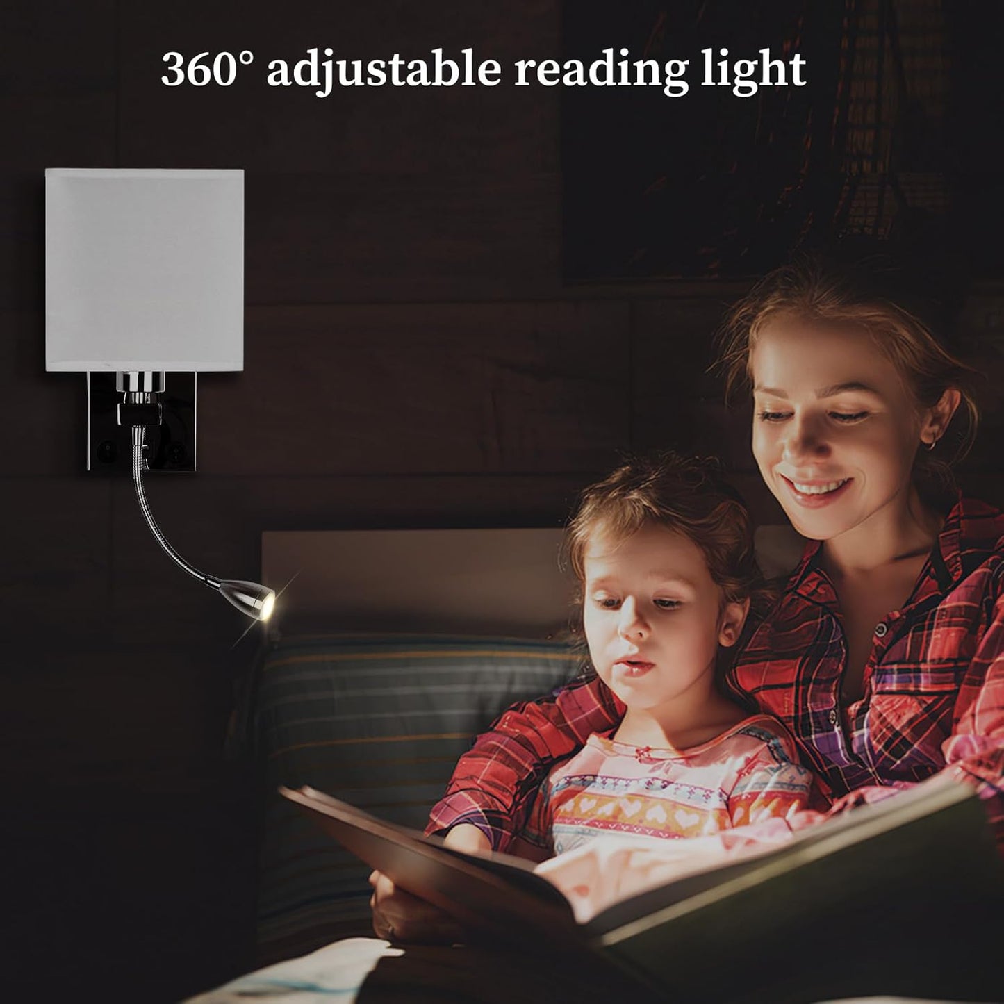 ALLOMN LED Bedside Wall Light Dual Switch USB Reading Lamp Polished Chrome