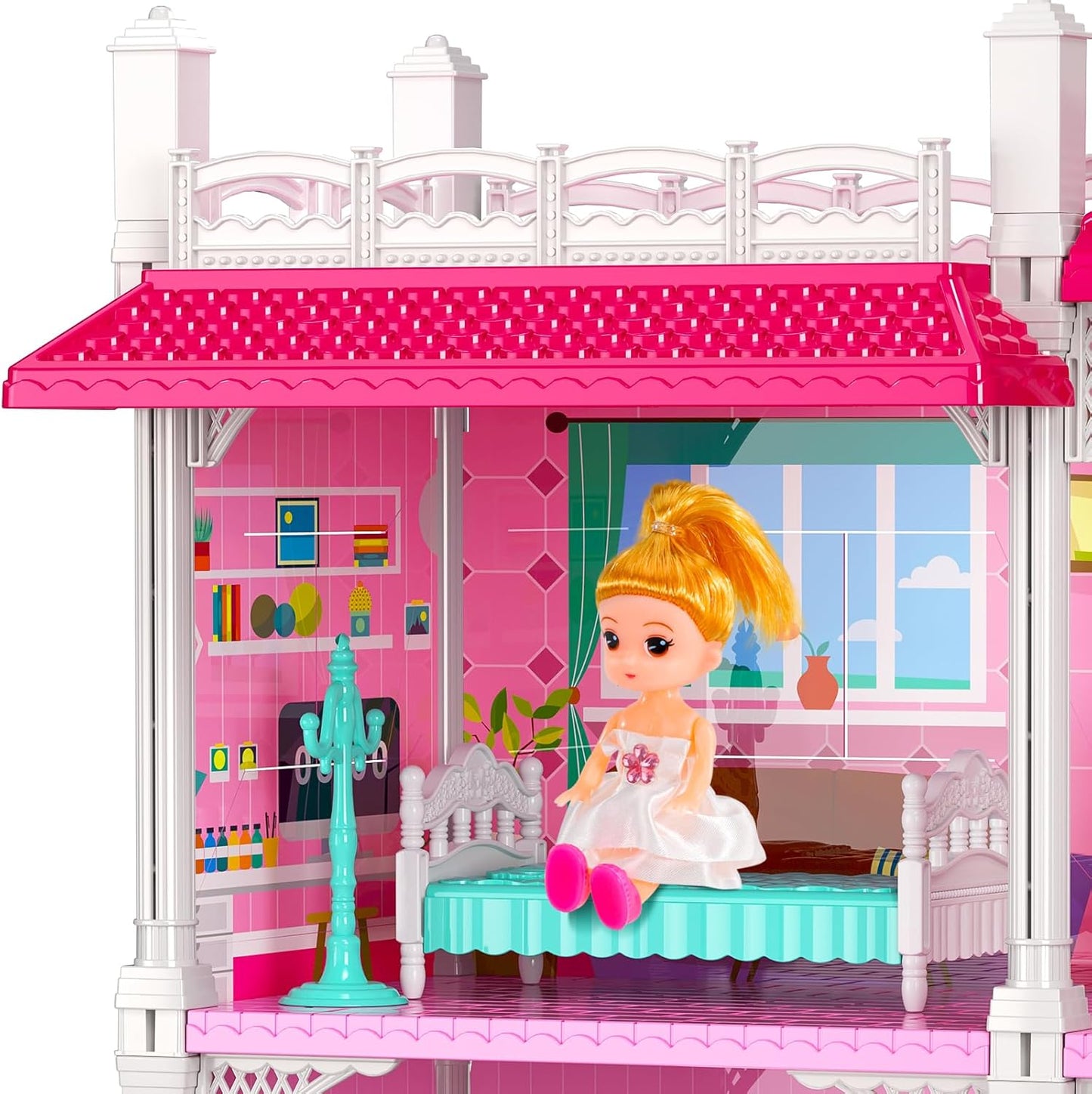 TEMI 2-Storey Luxury Doll Home - 4 Rooms + Dolls & Furniture - Gift for Girls 3-8 yrs