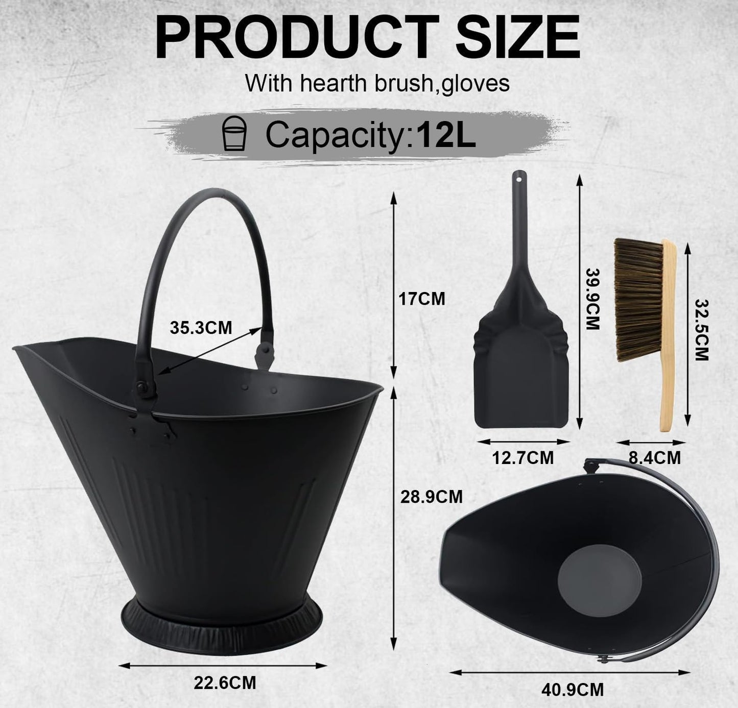 12 L Fireplace Ash Bucket with Lid, Shovel, Broom & Gloves – Ash Cleaning Kit