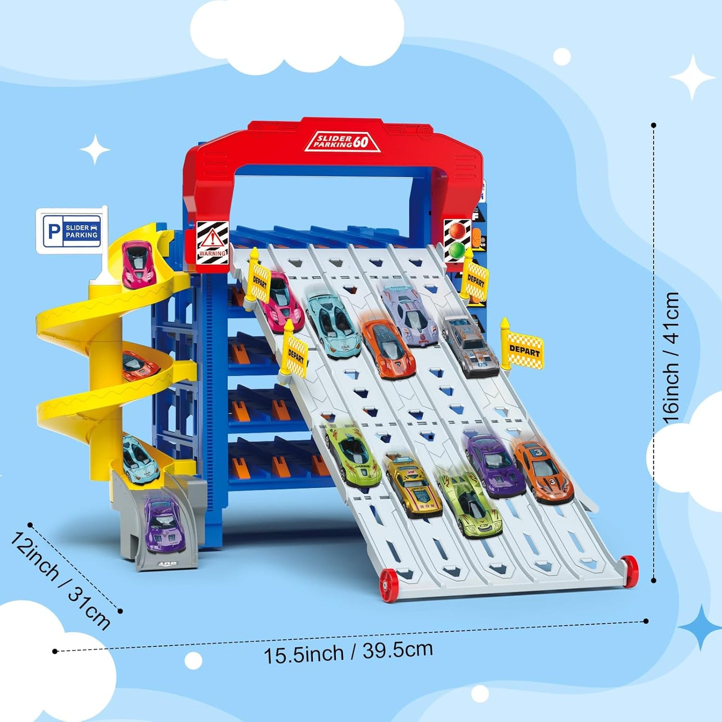 VATOS 5‑Level Sliding Track Truck Car Toy with 10 Cars – Storage & Playset