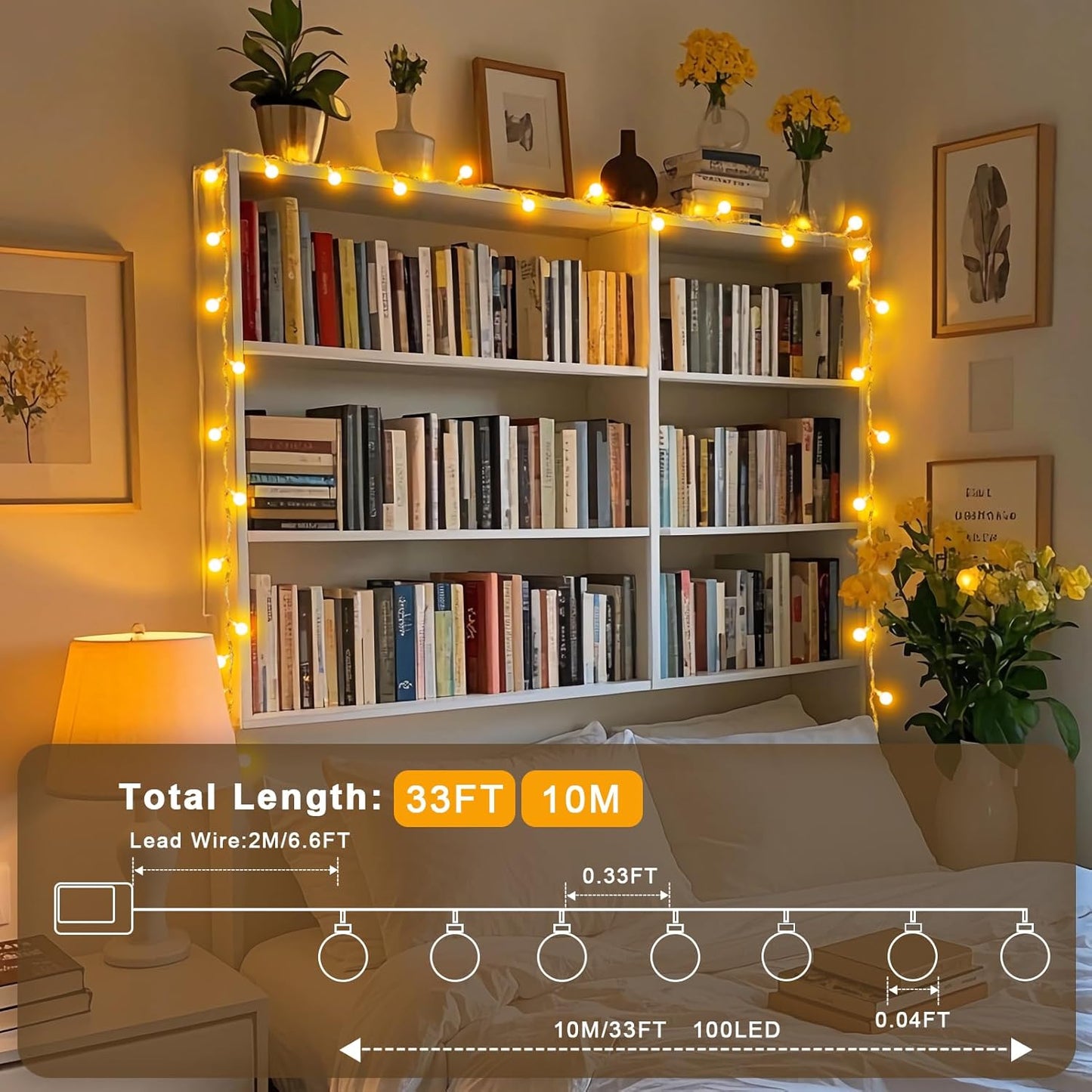 JXLEDAYY 12 m 100‑LED Waterproof Globe Fairy Lights – Warm White, Remote & 8 Modes