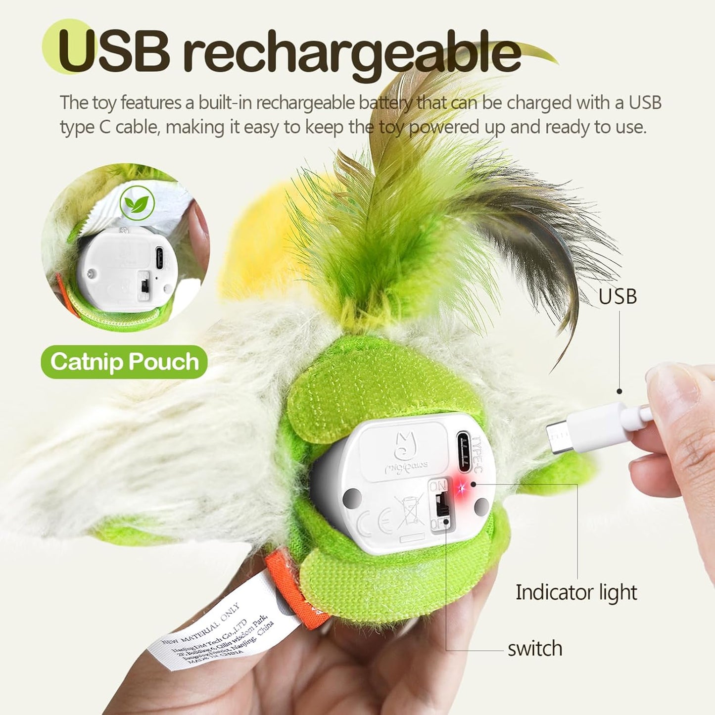 Migipaws Rechargeable Flapping Bird Cat Toy w/ Catnip – Interactive Indoor Kitten Fun