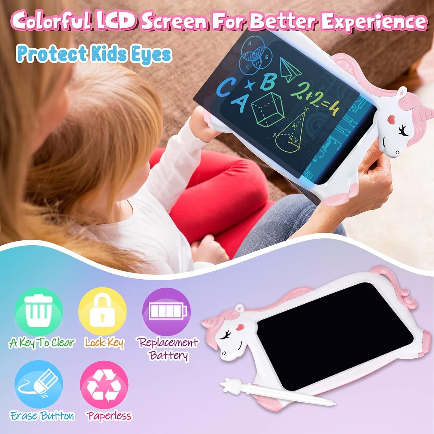 CHEERFUN 10-Inch Unicorn LCD Drawing Tablet – Pink Mess-Free Writing Board for Kids
