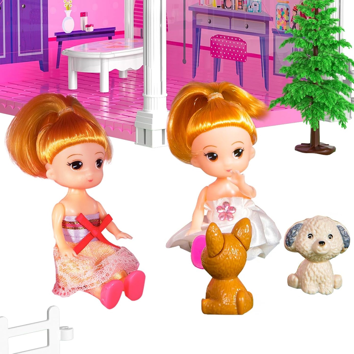 TEMI 2-Storey Luxury Doll Home - 4 Rooms + Dolls & Furniture - Gift for Girls 3-8 yrs