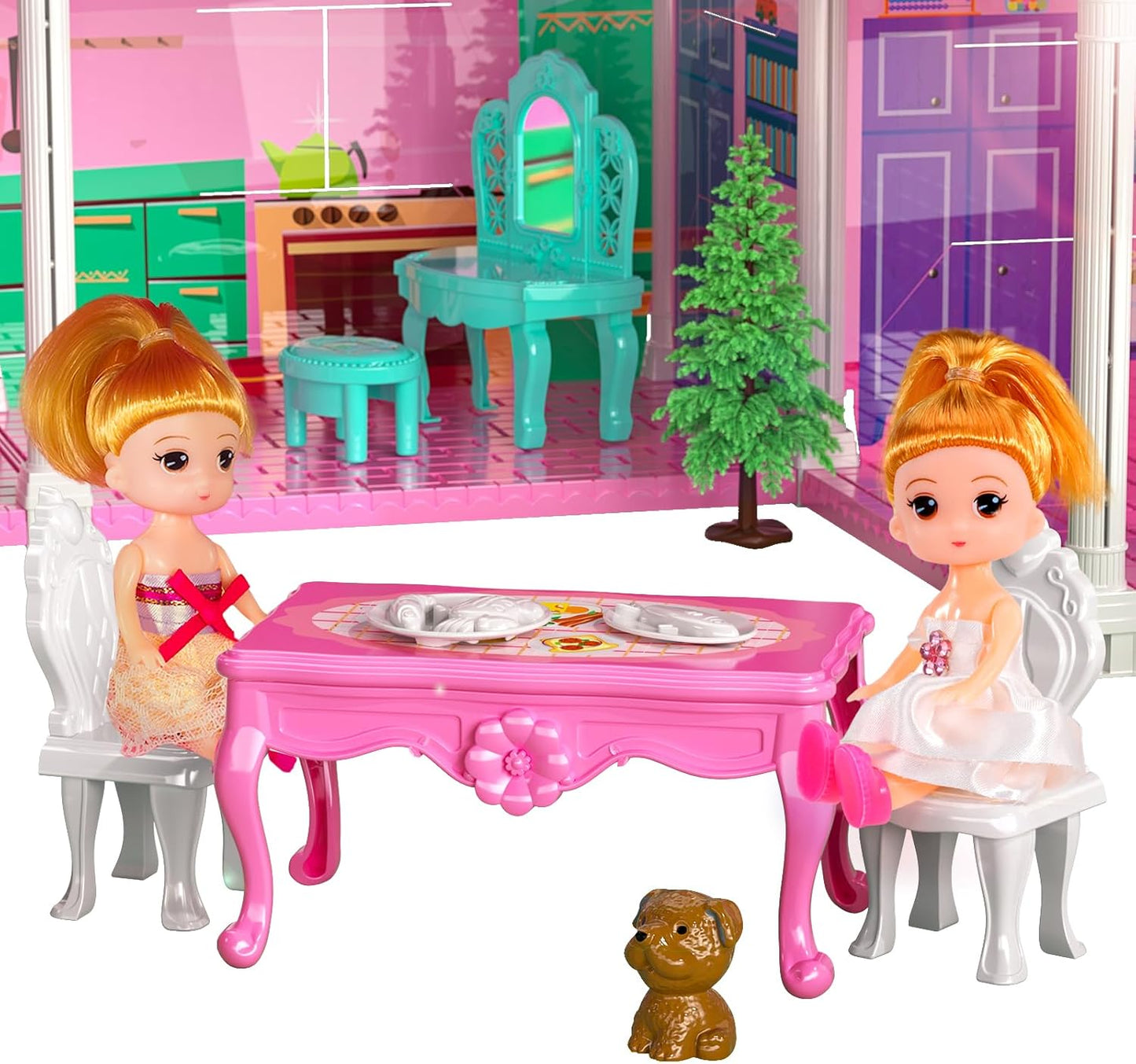 TEMI 2-Storey Luxury Doll Home - 4 Rooms + Dolls & Furniture - Gift for Girls 3-8 yrs