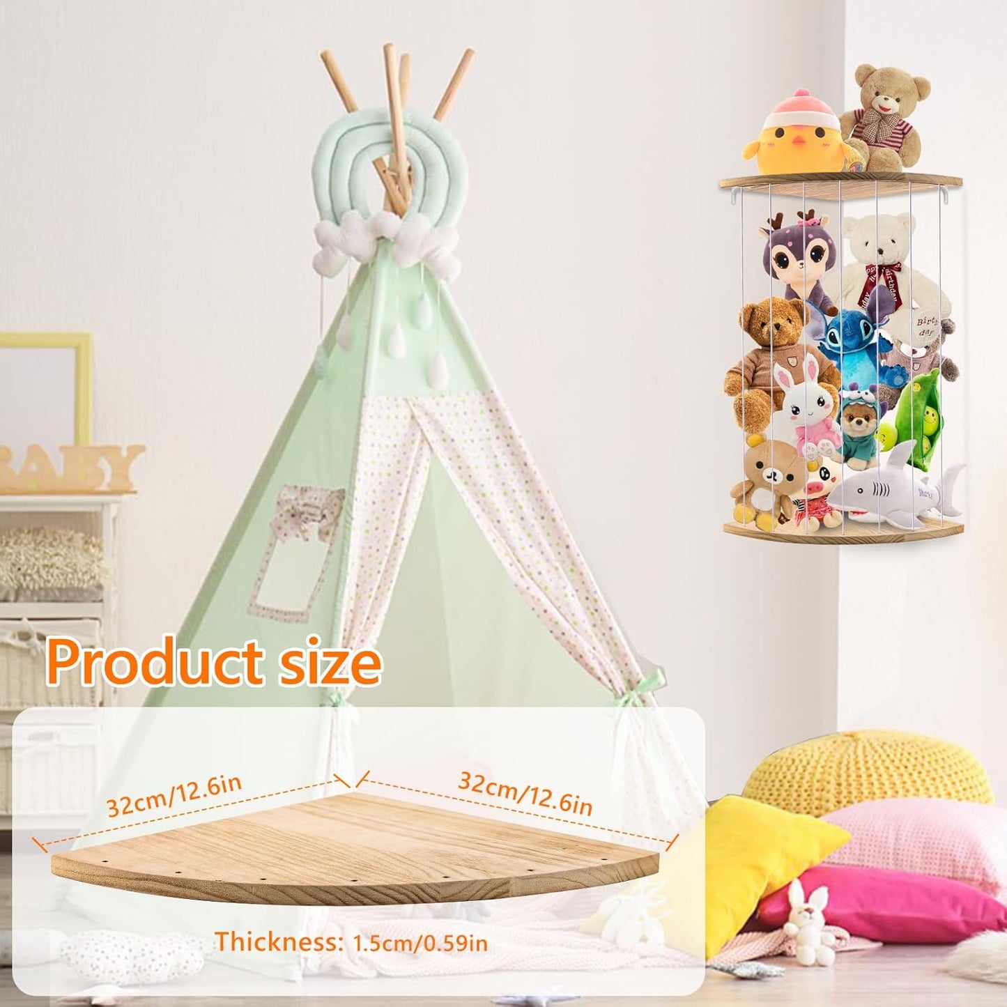 LOFTANK Corner Soft Toy Storage Shelf – Wood Plush Organizer for Kids’ Bedroom