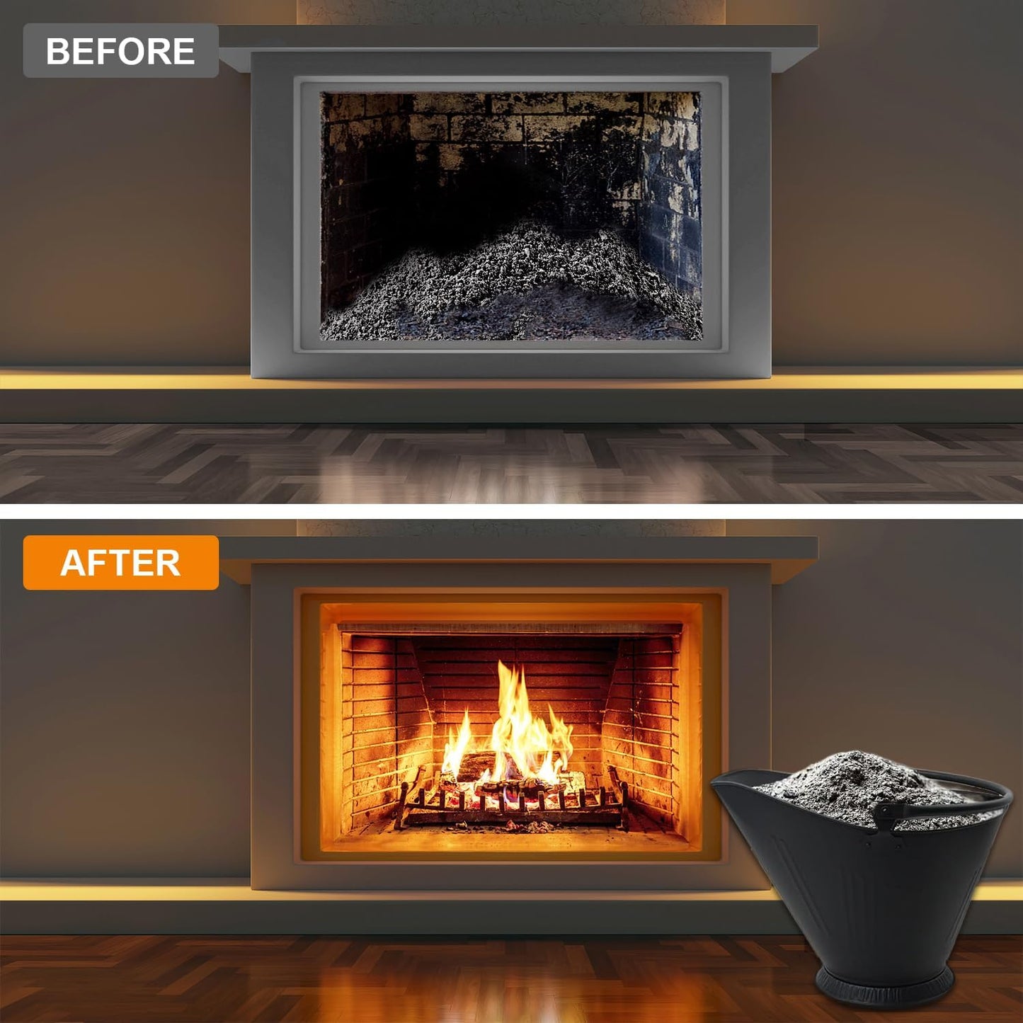 12 L Fireplace Ash Bucket with Lid, Shovel, Broom & Gloves – Ash Cleaning Kit
