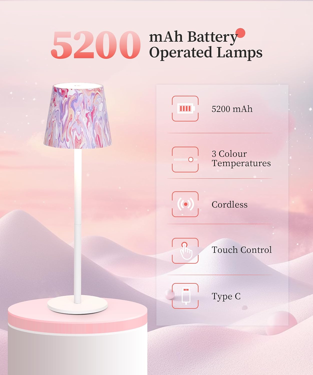 Faithorse 5200 mAh Cordless Table Lamp – IP54 Waterproof, 3-Colour Modes, Pink/White
