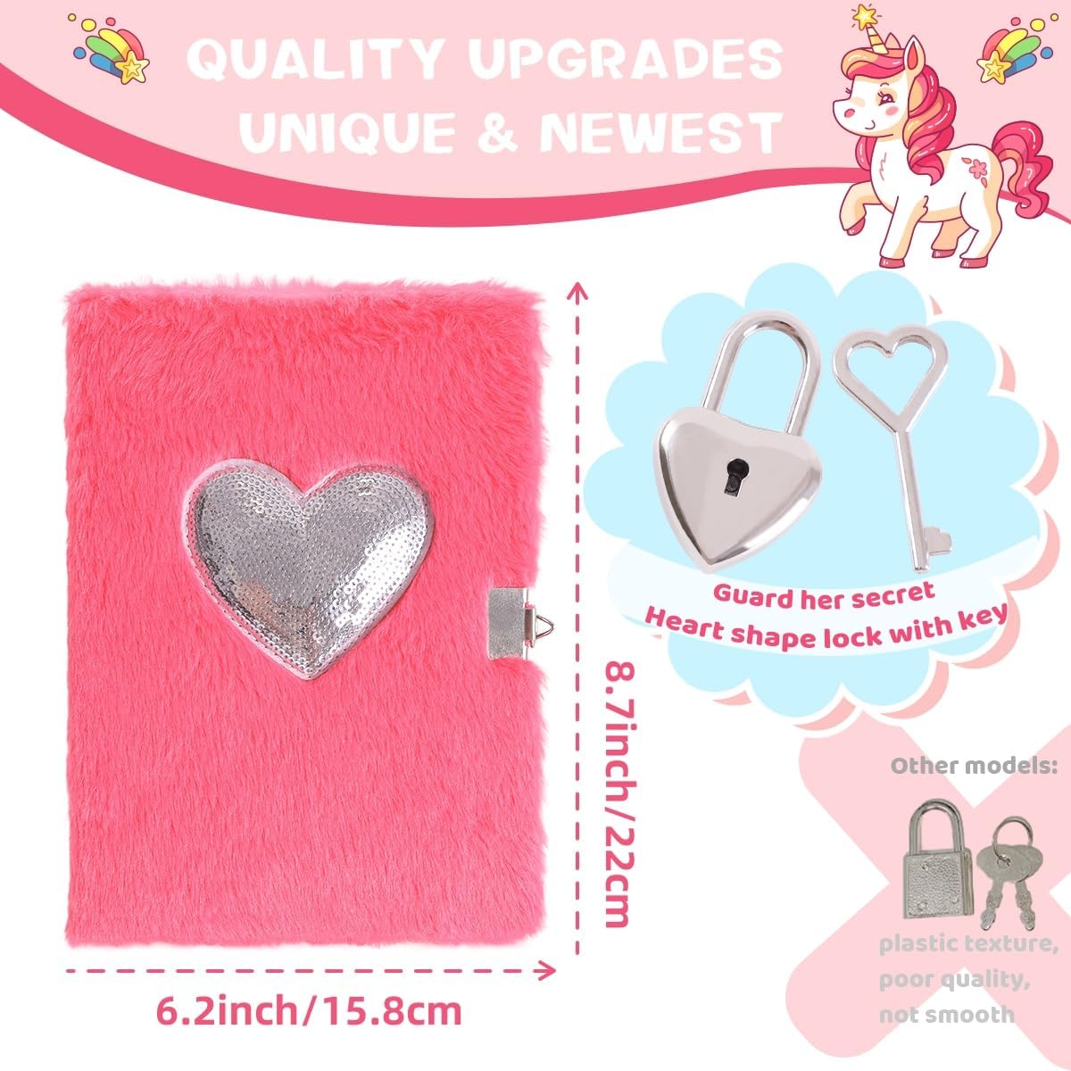 ENYILEE Plush Unicorn Heart Diary – Lock & 2 Keys – Girls’ Secret Journal