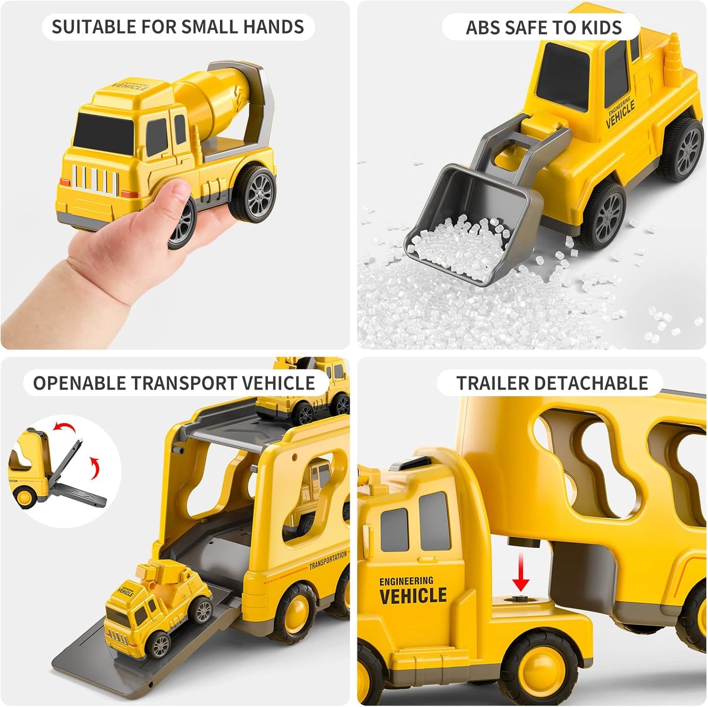 TEMI 5‑in‑1 Construction Truck Toy Set ‑ 4 Mini Vehicles, Friction Power, Ages 3‑9