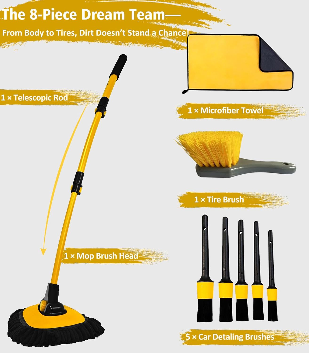 YeewayVeh 8-Piece Extendable Car Wash Kit – Soft Mop & Brushes for Scratch Free Shine