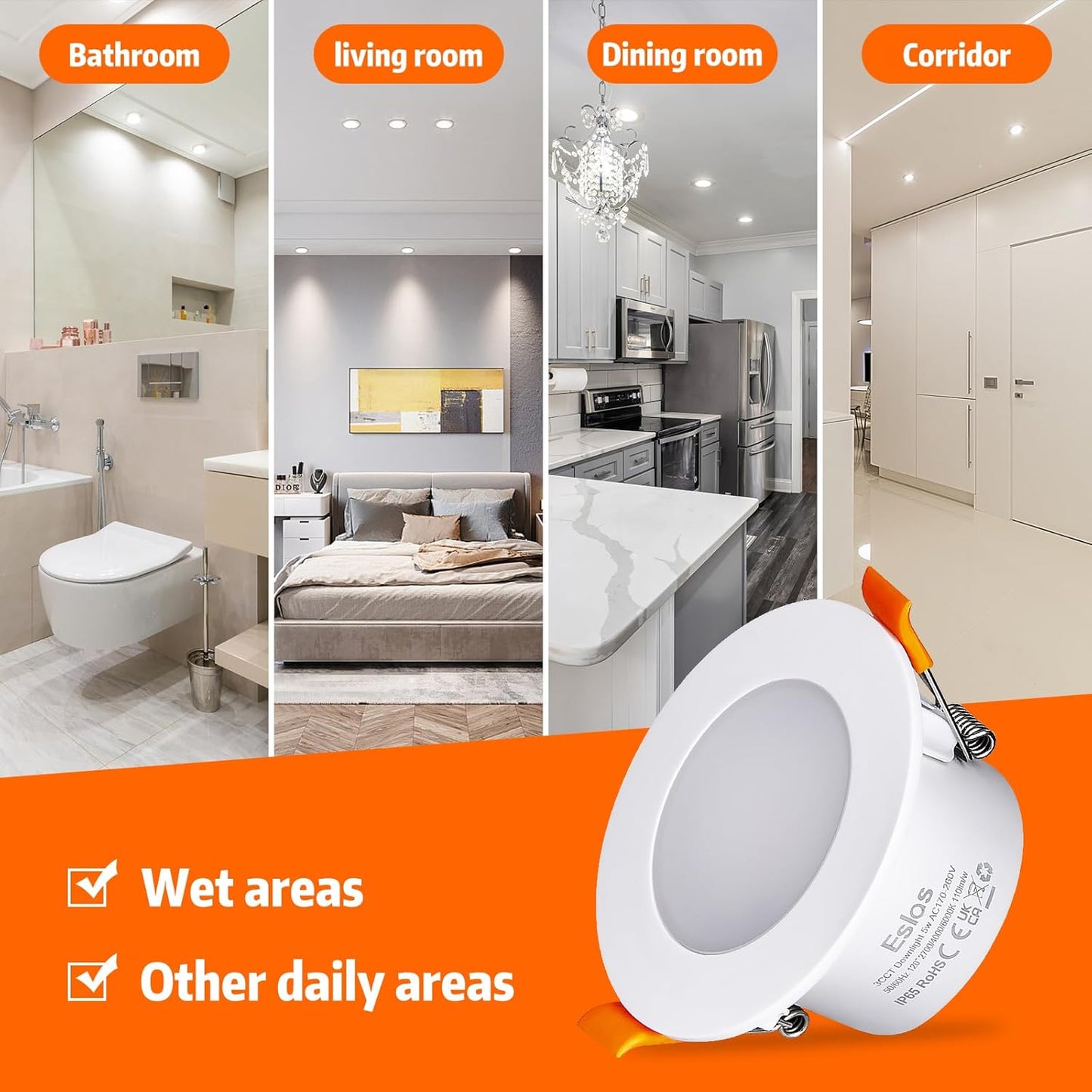Eslas 5W IP65 3CCT LED Downlights – Waterproof Recessed Ceiling Lights (6 Pack)