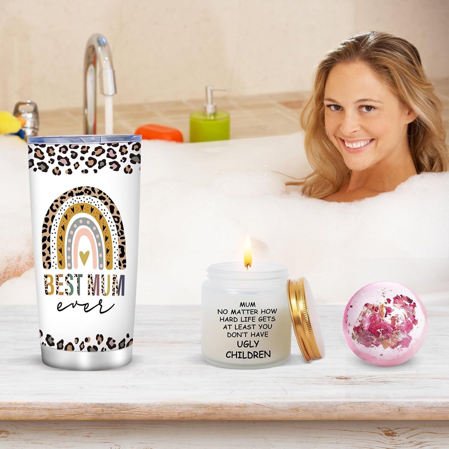 AYGE 7‑Piece Mother’s Day Gift Set – Insulated Tumbler, Candle, Bath Bomb & Keepsakes