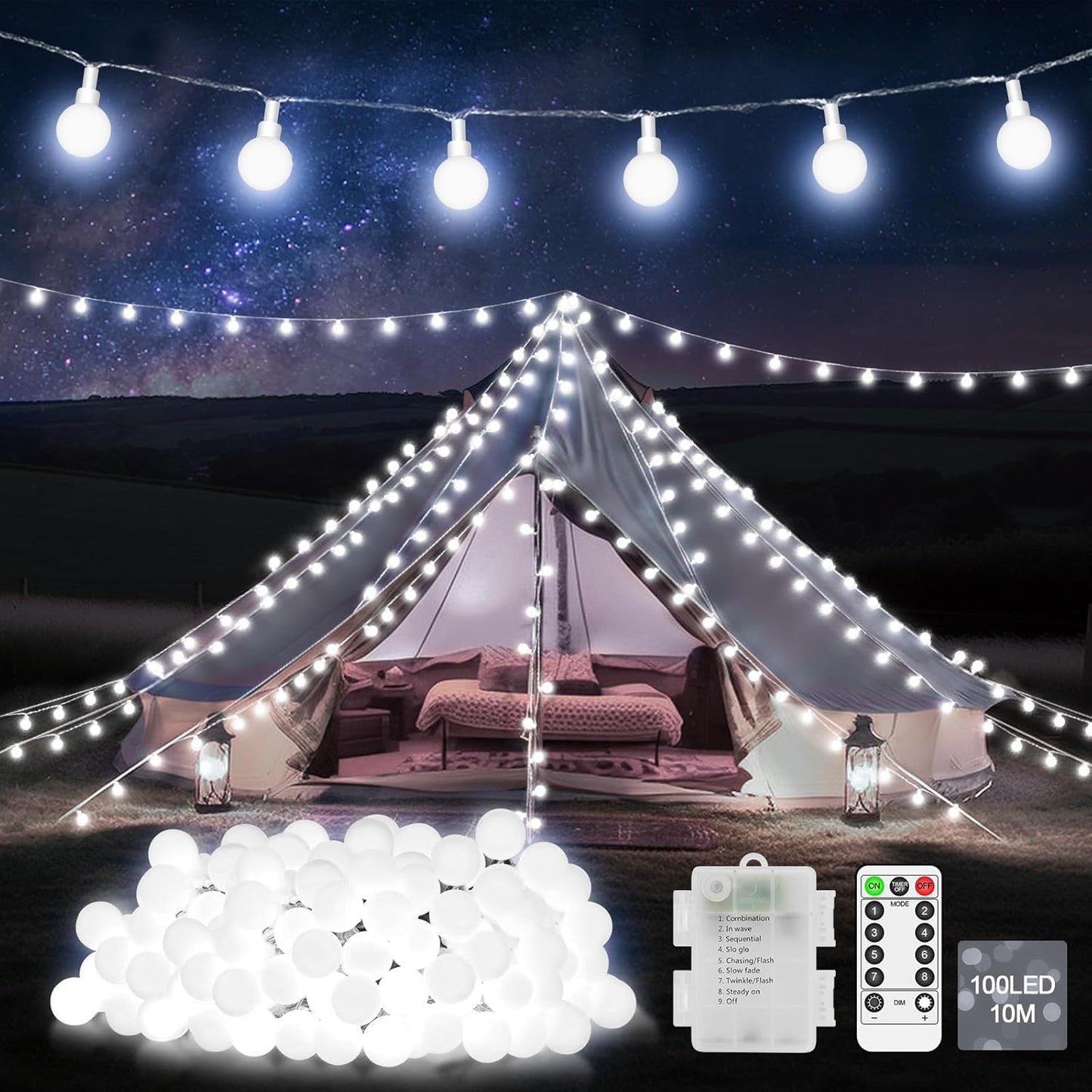 JXLEDAYY 12 m 100‑LED Waterproof Globe Fairy Lights – Warm White, Remote & 8 Modes