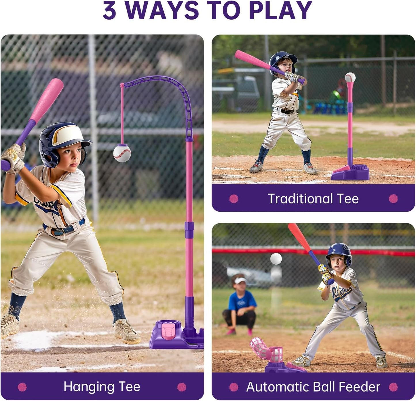Mytrix Pink 3-in-1 Kids T-Ball Set – Tee, Pitching Machine & Batting Stand
