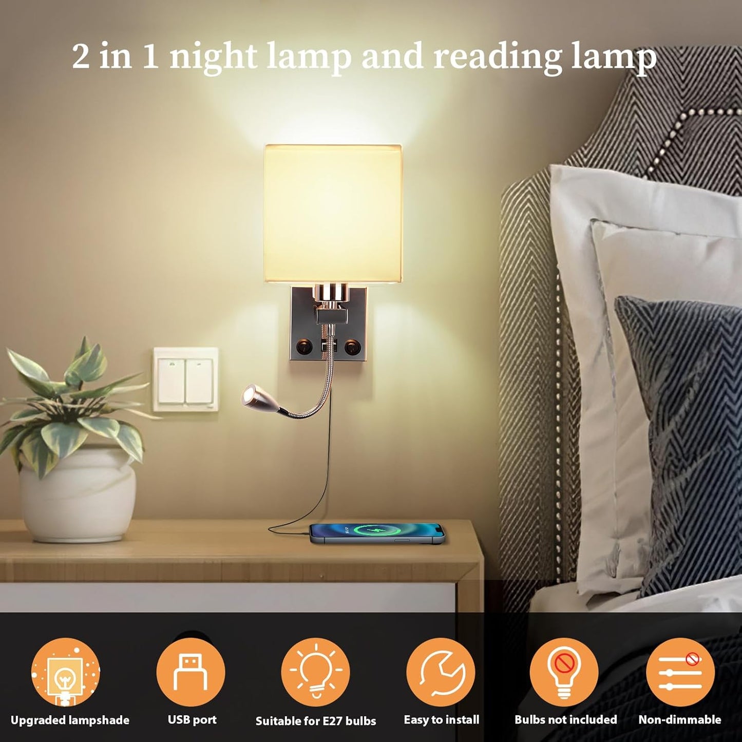 ALLOMN LED Bedside Wall Light Dual Switch USB Reading Lamp Polished Chrome