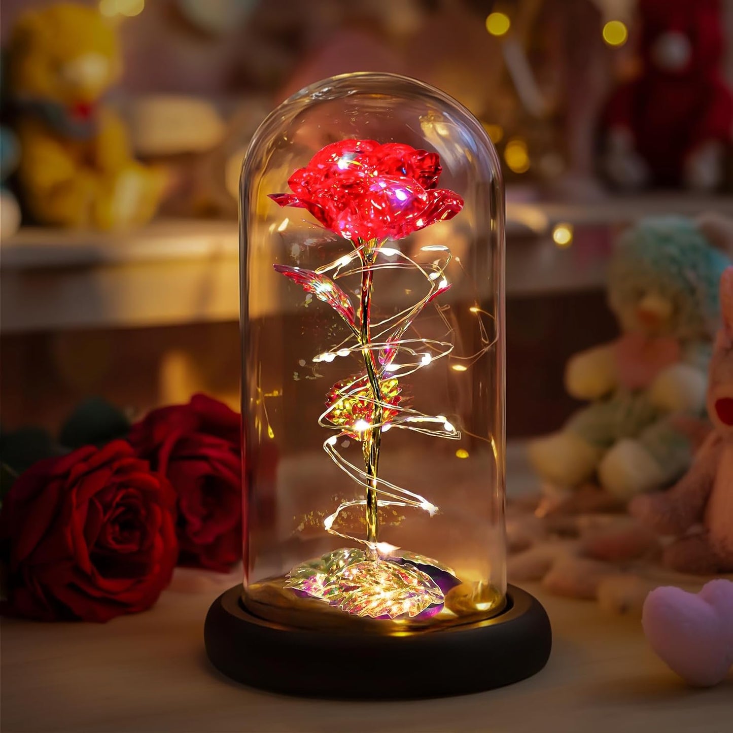 LED Rainbow Roses Glass Dome | Preserved Floral Gift, Night‑Light Décor