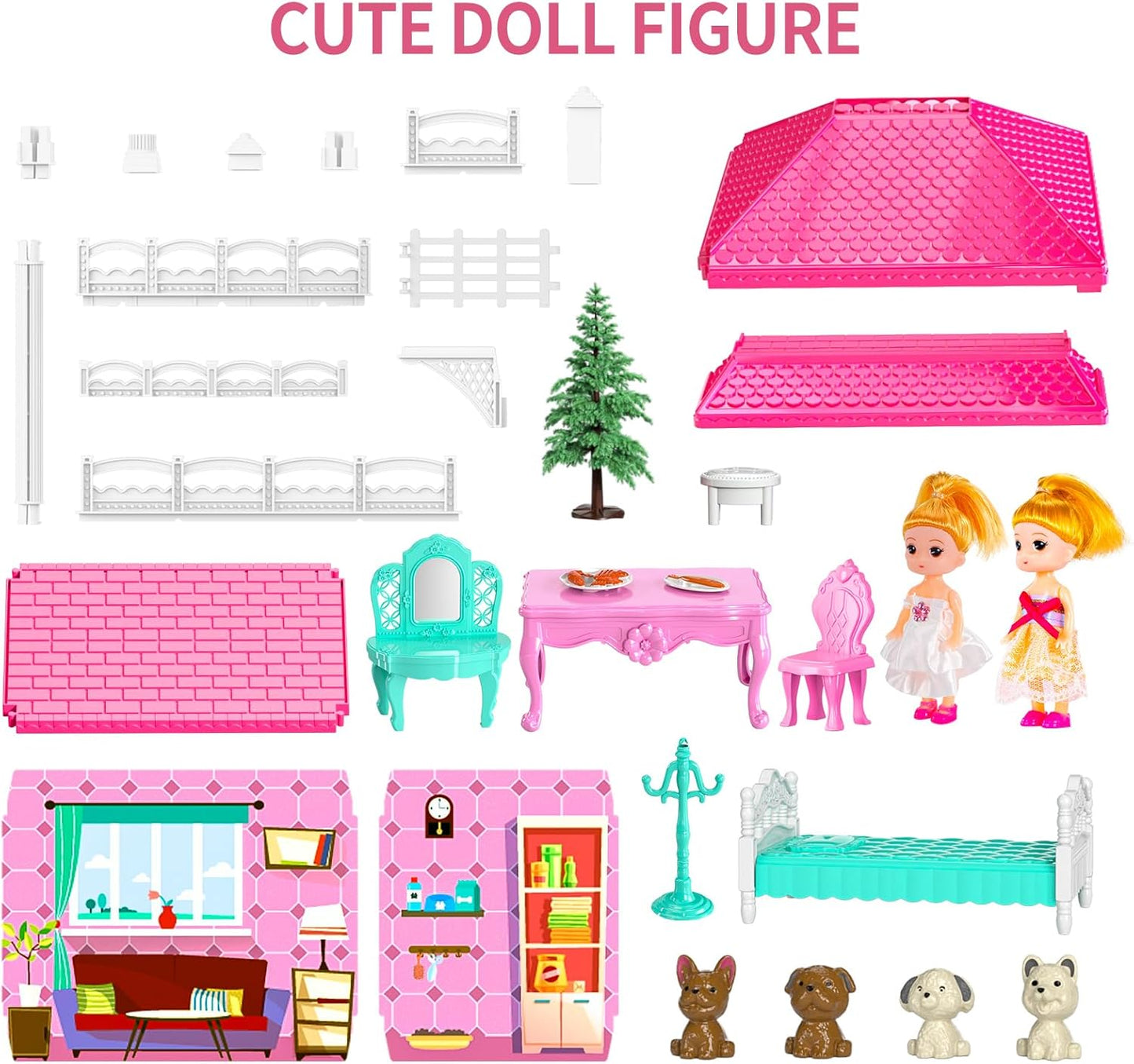 TEMI 2-Storey Luxury Doll Home - 4 Rooms + Dolls & Furniture - Gift for Girls 3-8 yrs