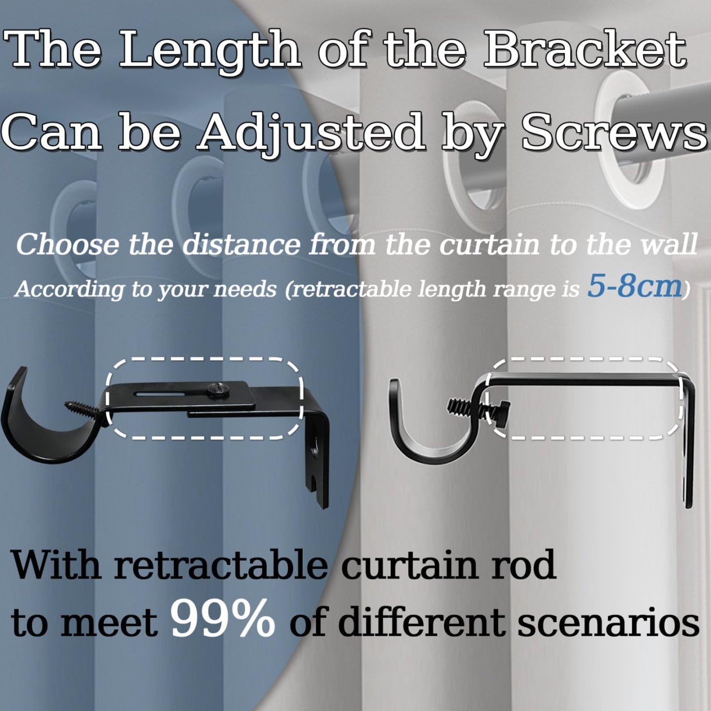 Venwemong Extendable Curtain Pole 180‑260 cm Heavy‑Duty Steel with Cap Finials