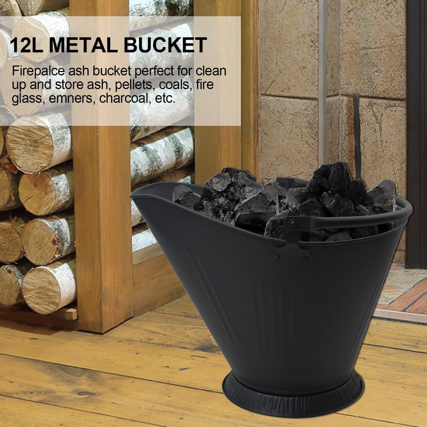 12 L Fireplace Ash Bucket with Lid, Shovel, Broom & Gloves – Ash Cleaning Kit