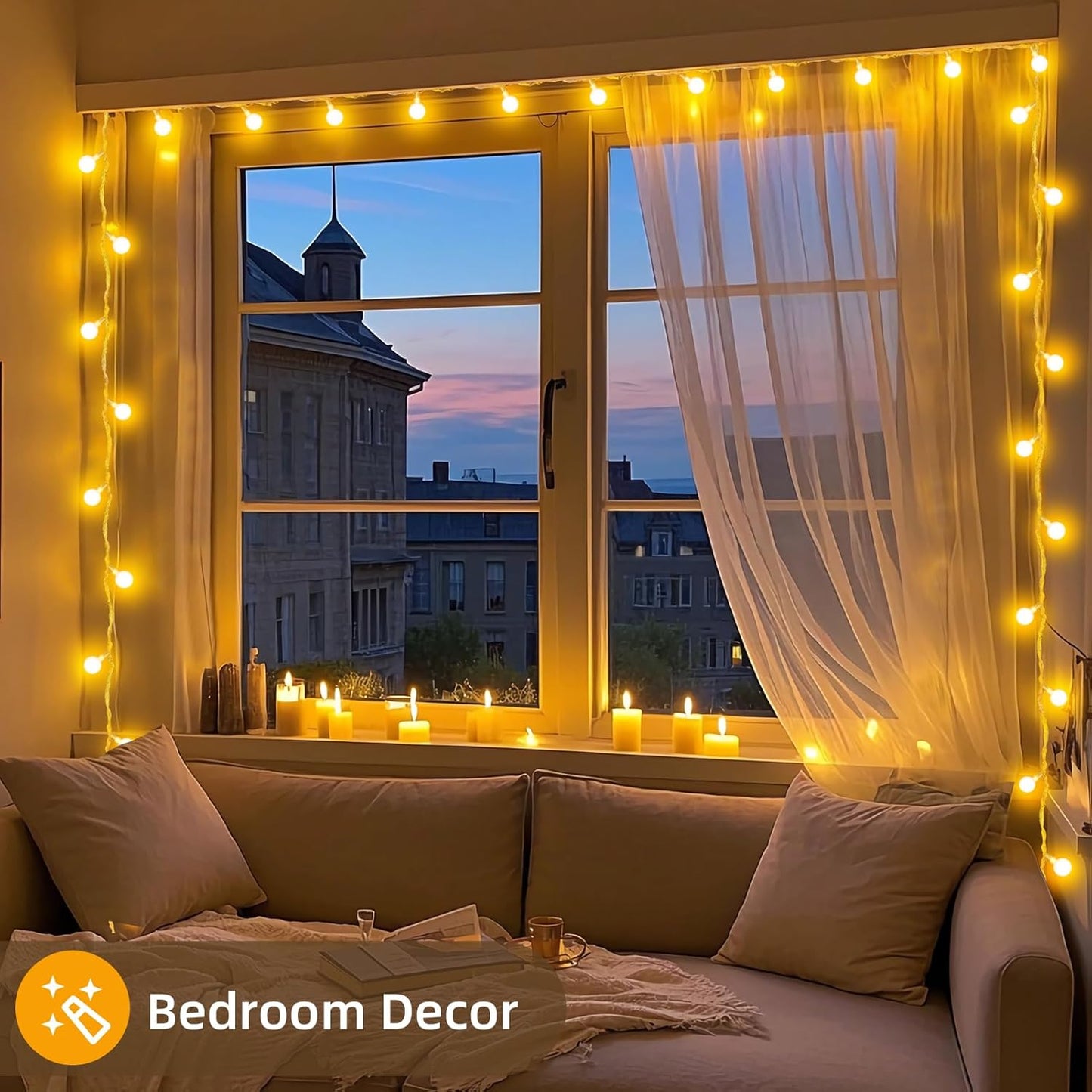 JXLEDAYY 12 m 100‑LED Waterproof Globe Fairy Lights – Warm White, Remote & 8 Modes