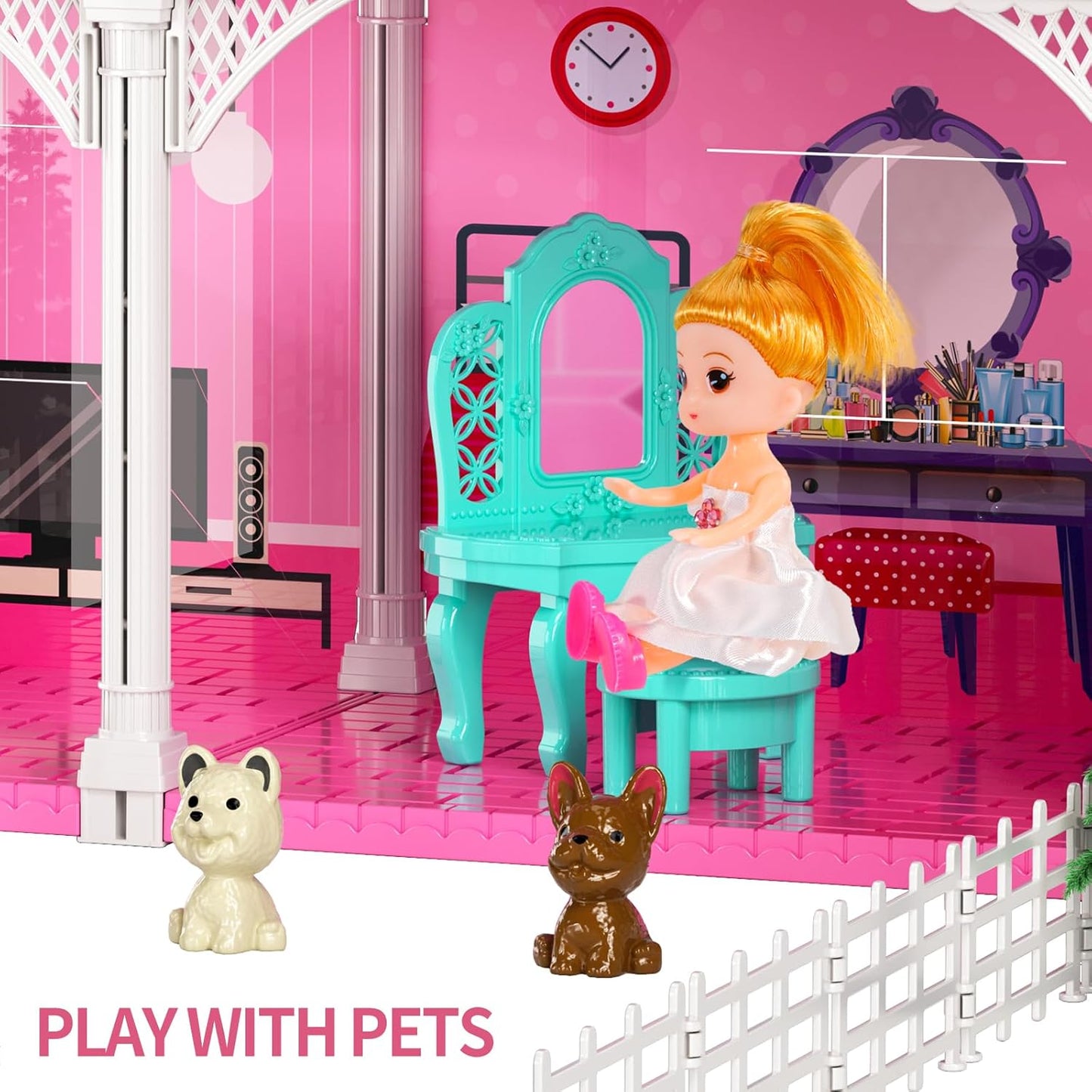 TEMI 2-Storey Luxury Doll Home - 4 Rooms + Dolls & Furniture - Gift for Girls 3-8 yrs