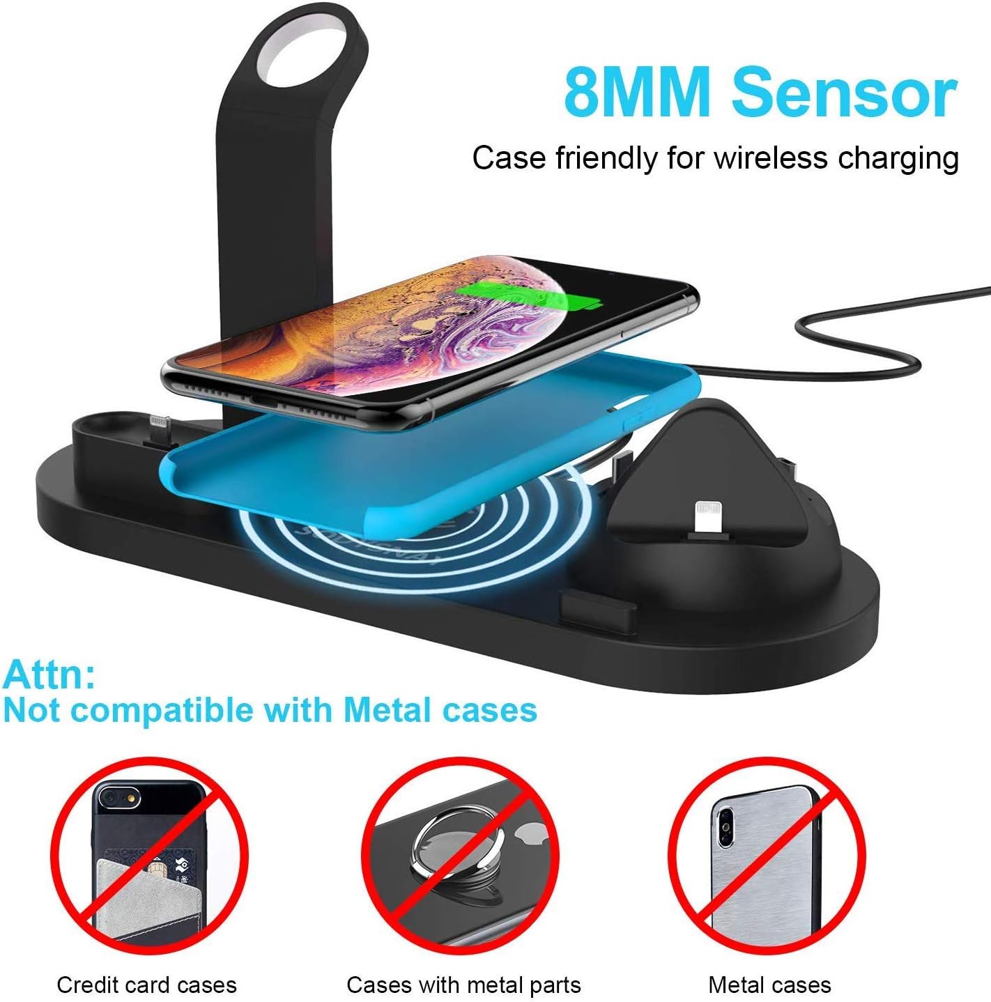 SENWOW 6‑in‑1 Wireless Charging Station – Phone, AirPods & Watch Dock (Black)