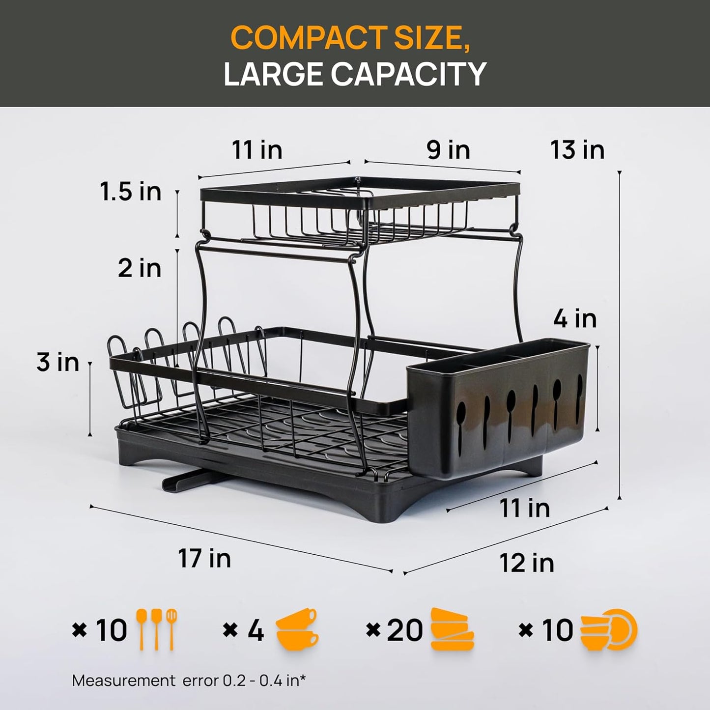 WOWZILLA 2-Tier Black Stainless Steel Dish Drainer – Space-Saving & Rust-Proof