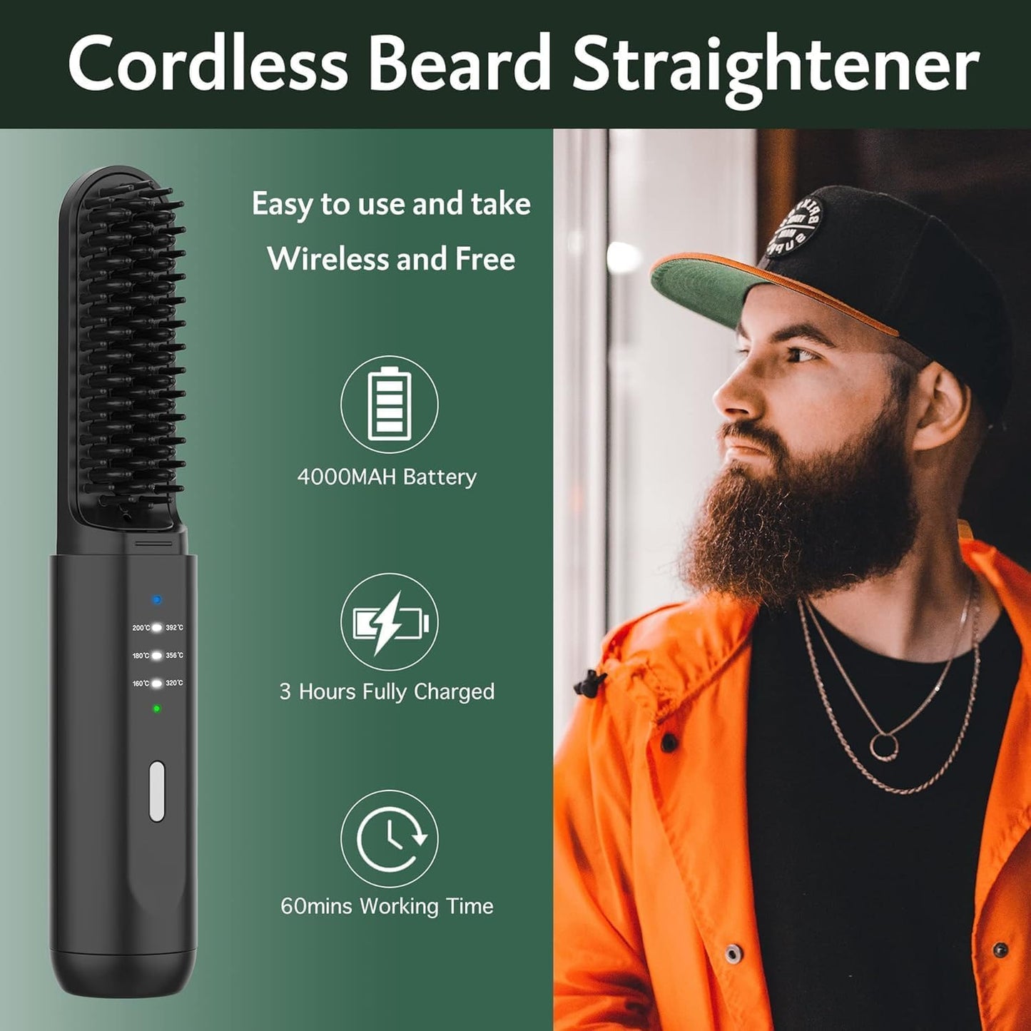 REHOYO Cordless Beard Straightener Brush | 3 Temps, Anti-Scald, Rechargeable