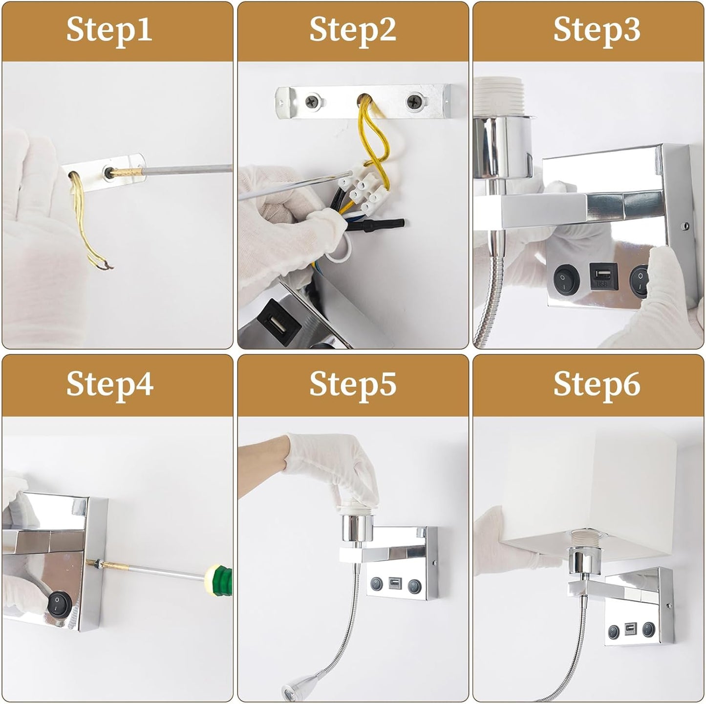 ALLOMN LED Bedside Wall Light Dual Switch USB Reading Lamp Polished Chrome