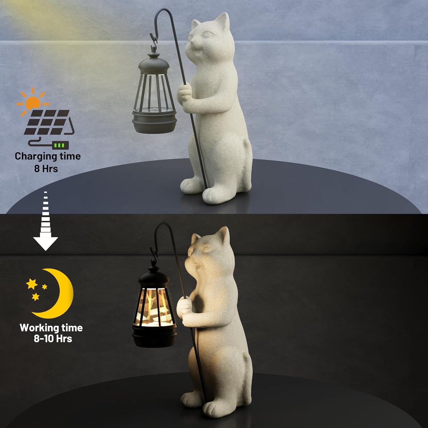 Solar Cat Garden Statue with Lantern – 10" Resin, Waterproof, Solar Powered