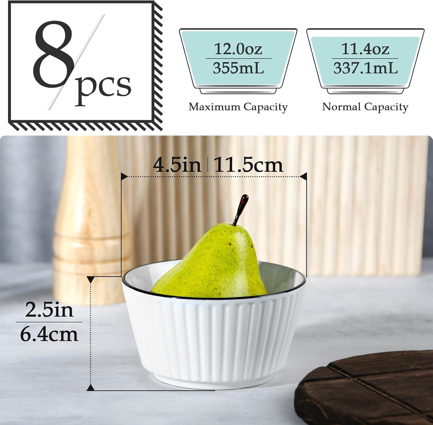 NUTRIUPS 8‑Pack 4.5″ Ceramic Bowls 350 ml – Food‑Safe, Dishwasher‑Safe Stylish Set