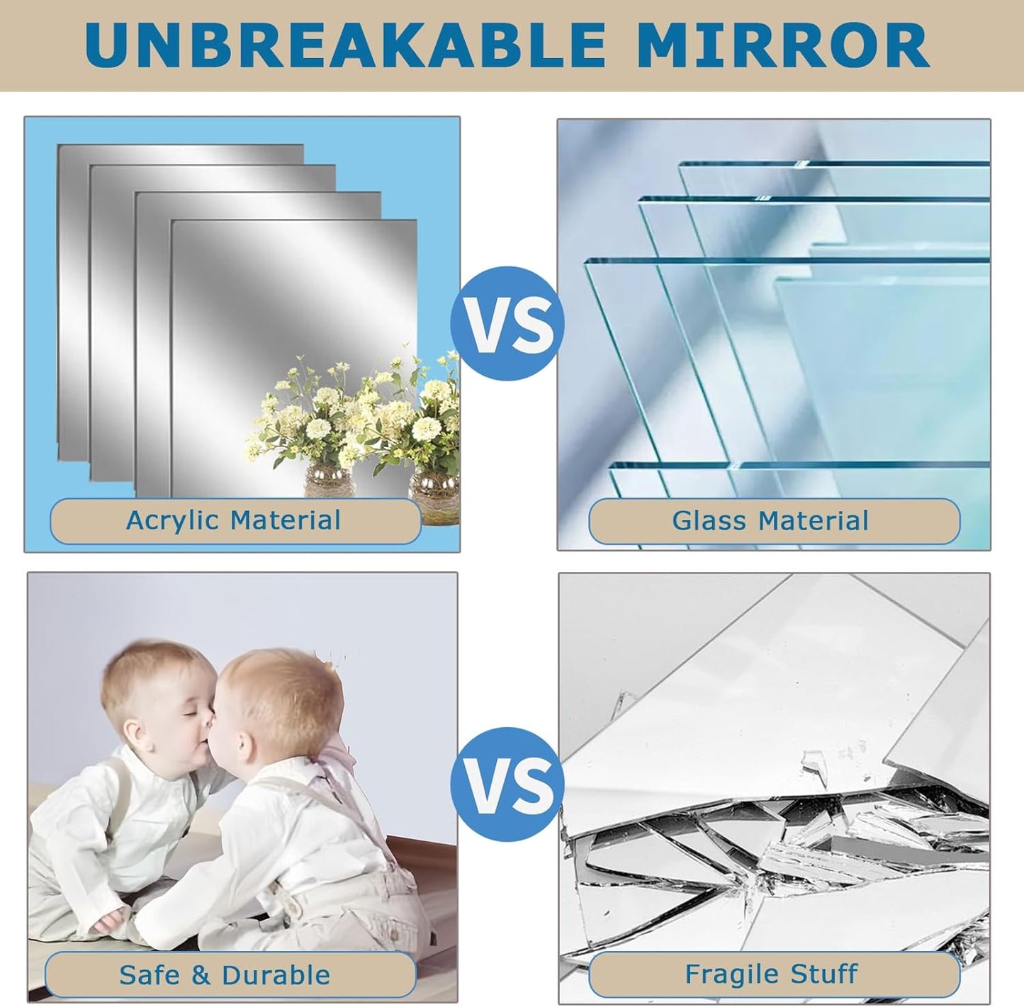Bosdontek Self‑Adhesive Acrylic Mirror Tiles 30×20 cm – Shatter‑Proof, Flexible Decor