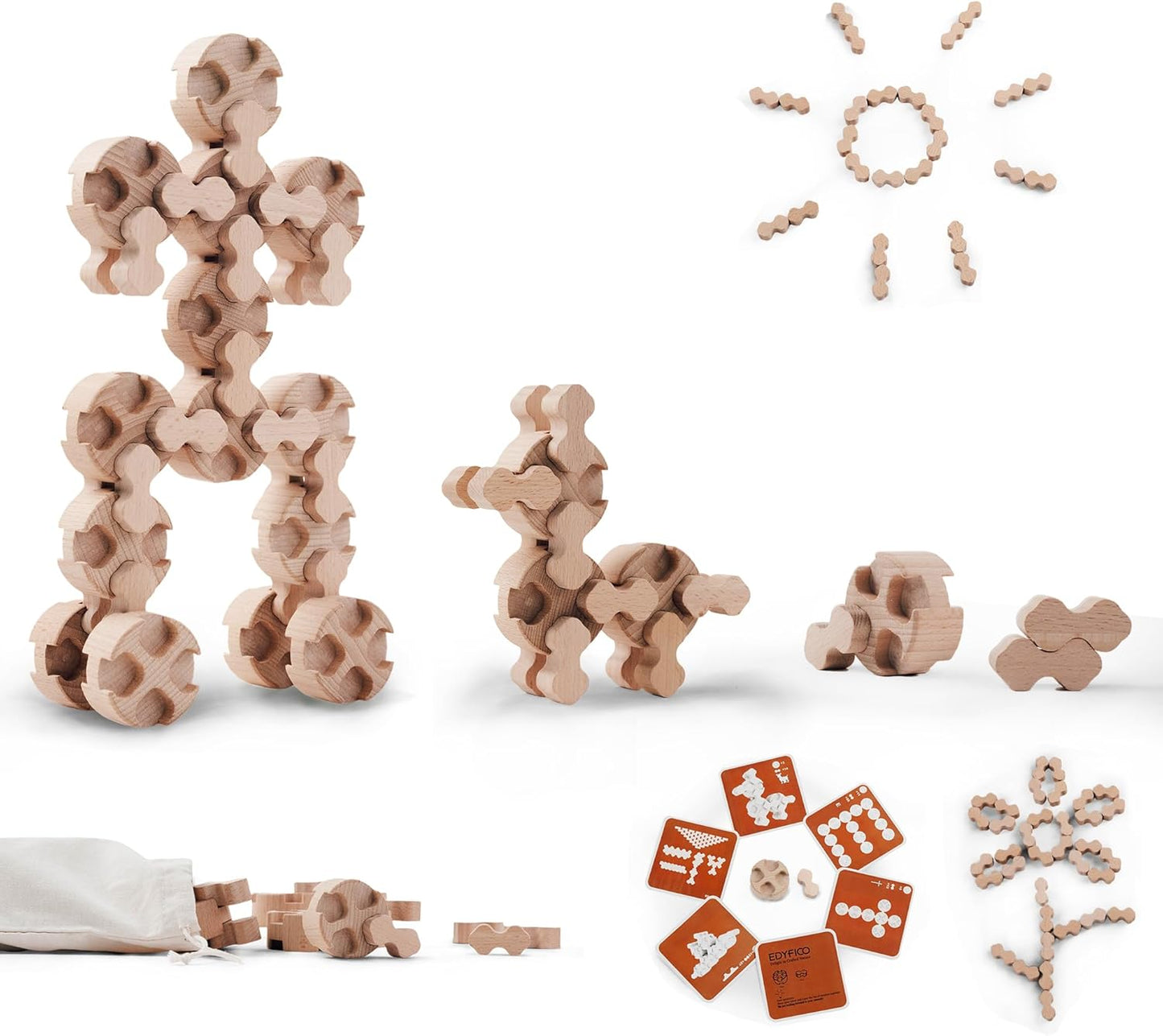 Edyfico 50‑Piece Wooden Building Blocks Set STEM Toy + Storage Bag & Cards Ages 3‑8