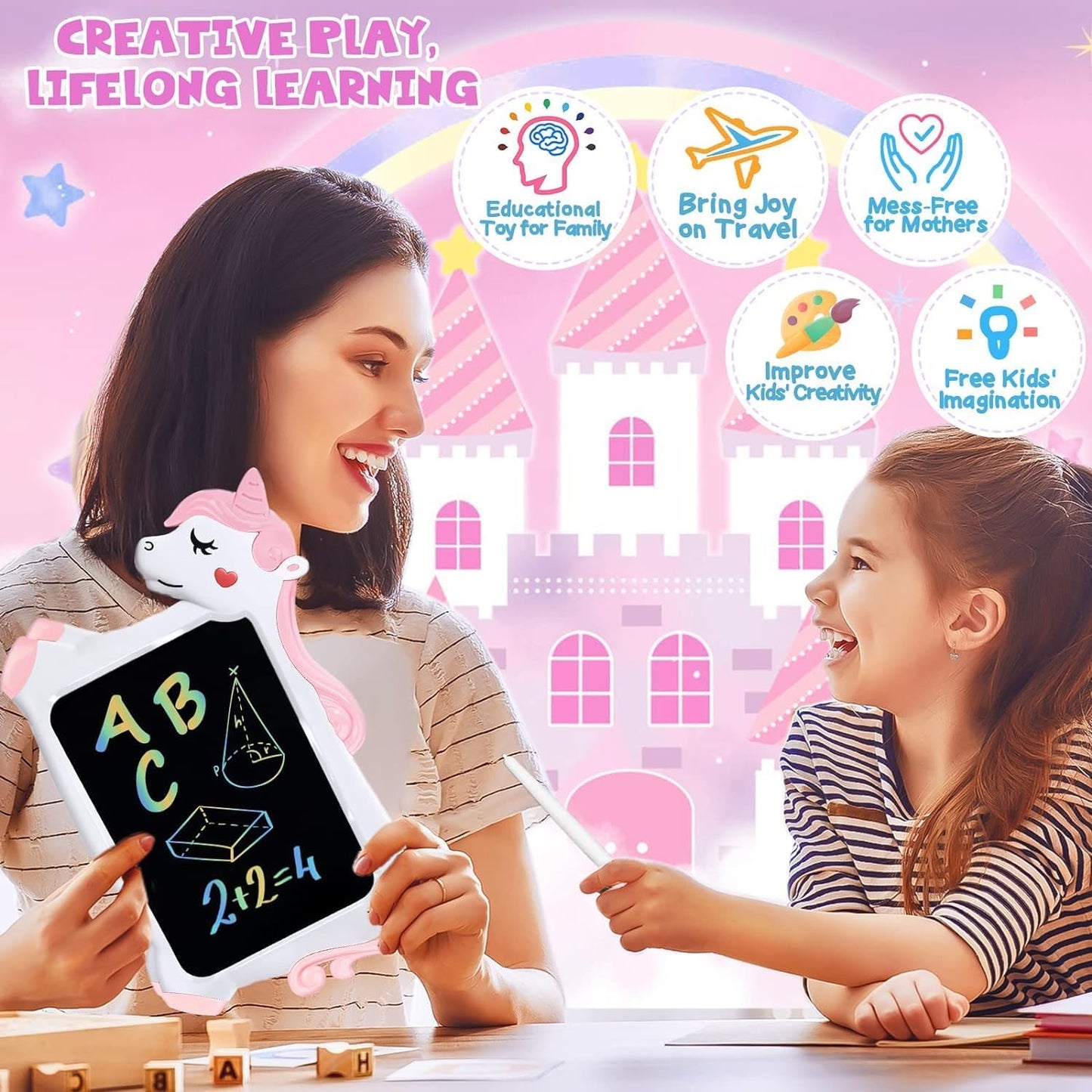 CHEERFUN 10-Inch Unicorn LCD Drawing Tablet – Pink Mess-Free Writing Board for Kids