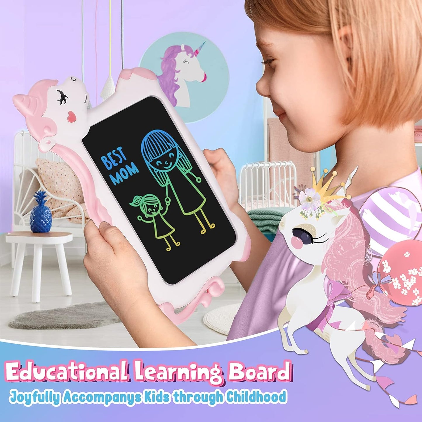 CHEERFUN 10-Inch Unicorn LCD Drawing Tablet – Pink Mess-Free Writing Board for Kids