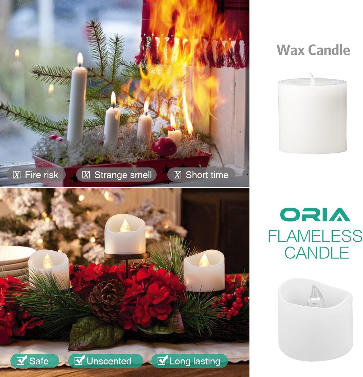 Oria LED Flameless Tea Lights 12‑Pack – Realistic Flicker, Battery Operated Candles