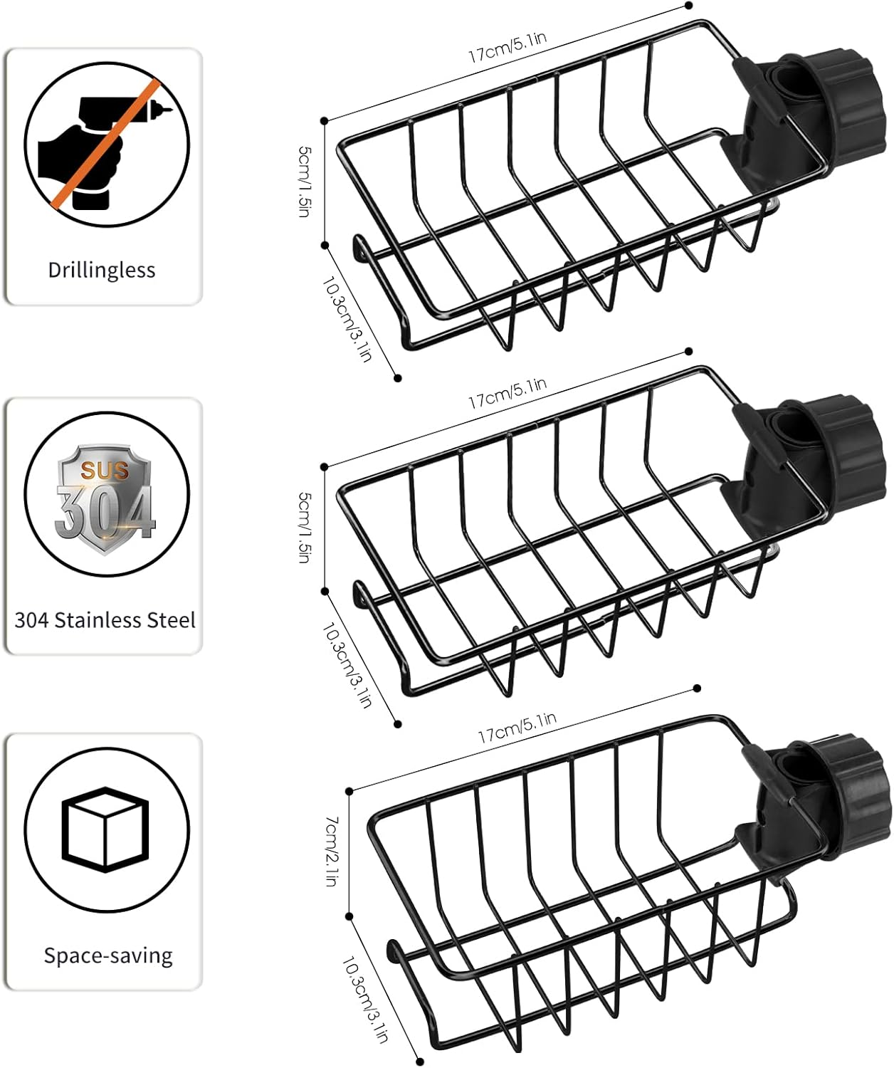 Poprkdre No‑Drill Stainless Steel Shower Shelf Set – Black, 3‑Piece, Rust‑Proof