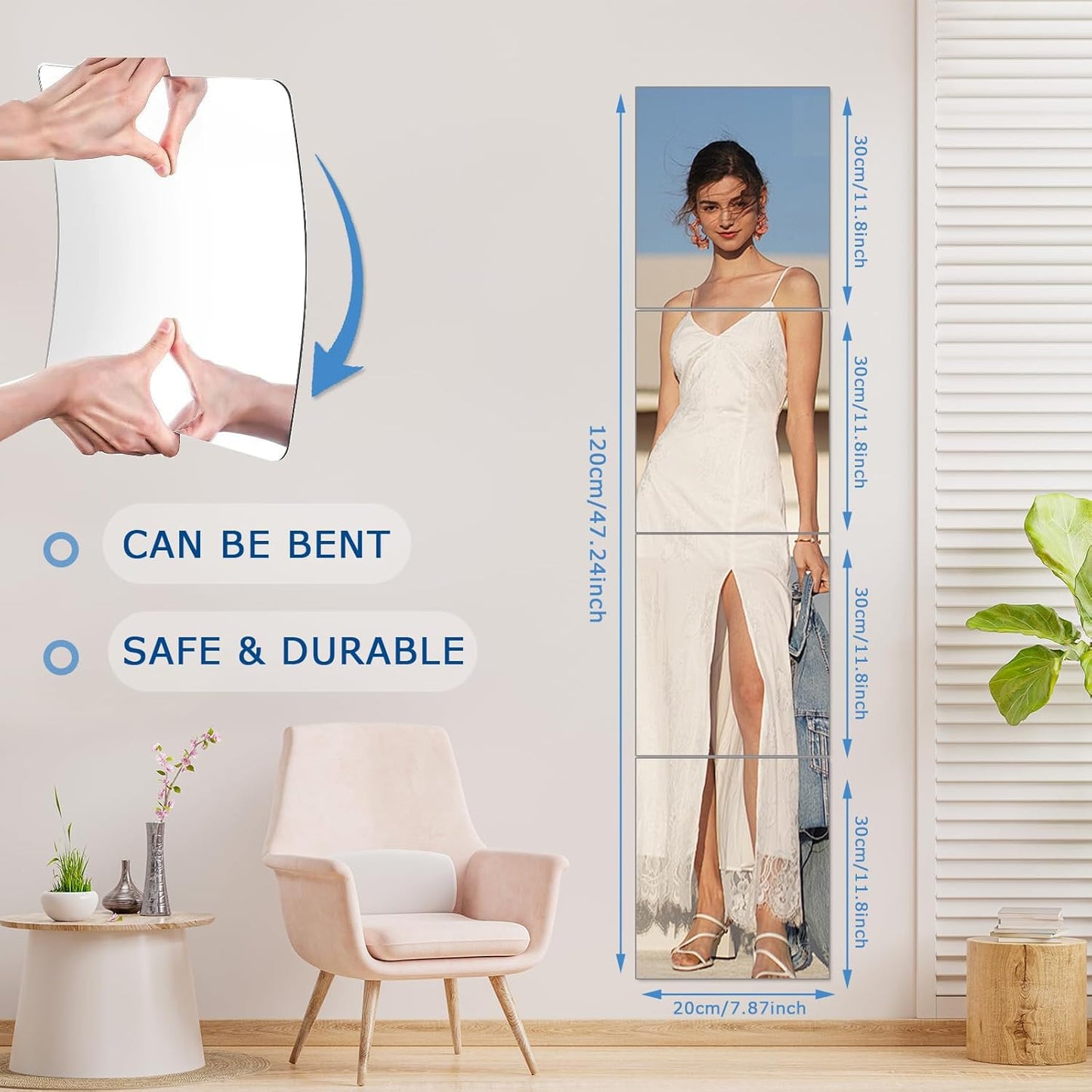 Bosdontek Self‑Adhesive Acrylic Mirror Tiles 30×20 cm – Shatter‑Proof, Flexible Decor
