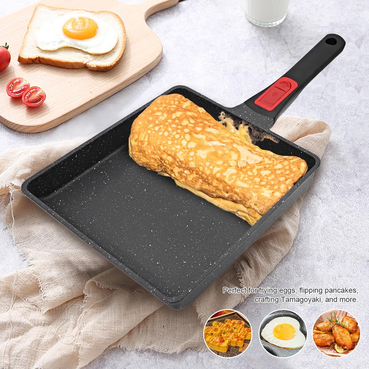 AIKENBBKK Large Tamagoyaki Japanese Omelette Pan 23×21cm – Non‑Stick, PFOA‑Free