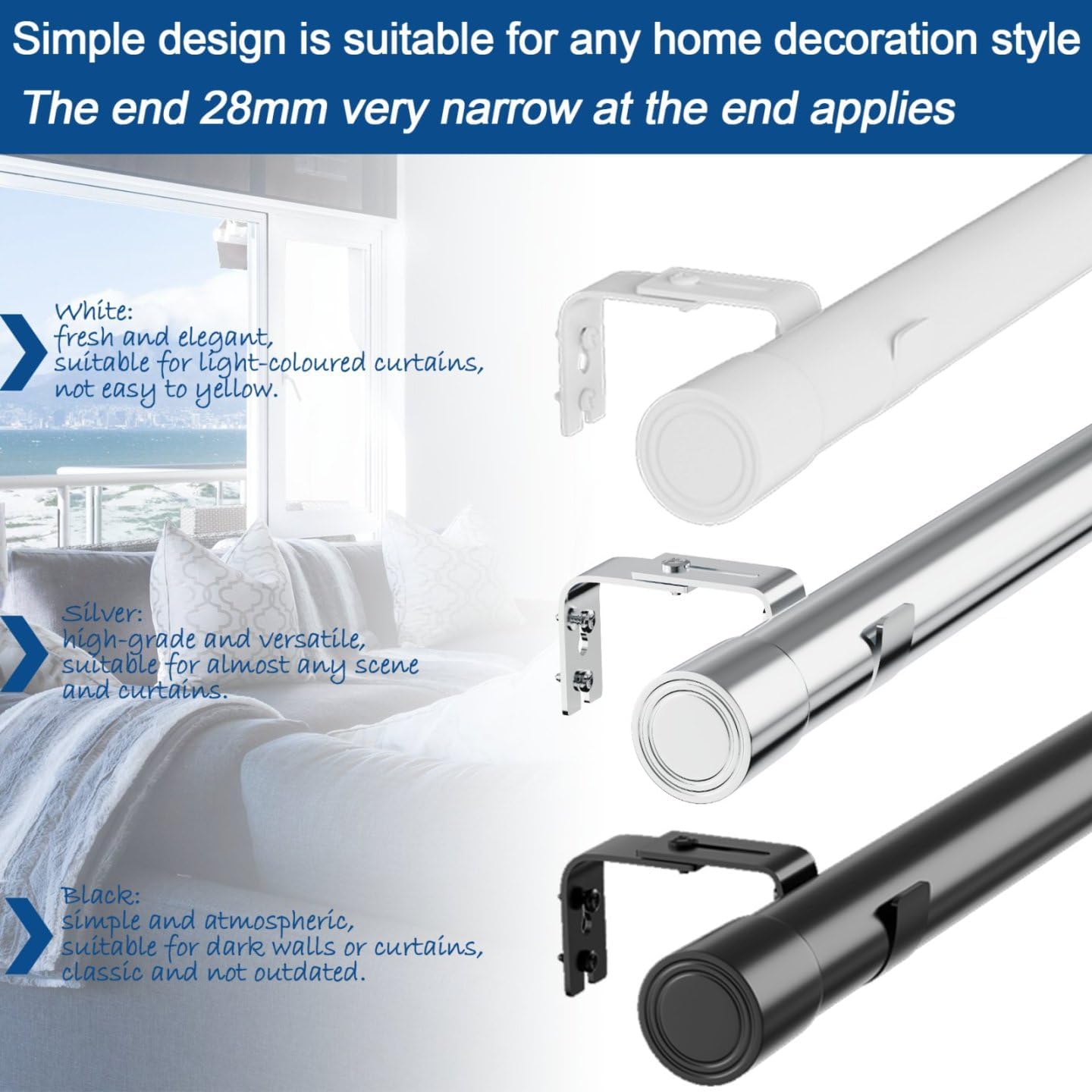 Venwemong Extendable Curtain Pole 180‑260 cm Heavy‑Duty Steel with Cap Finials