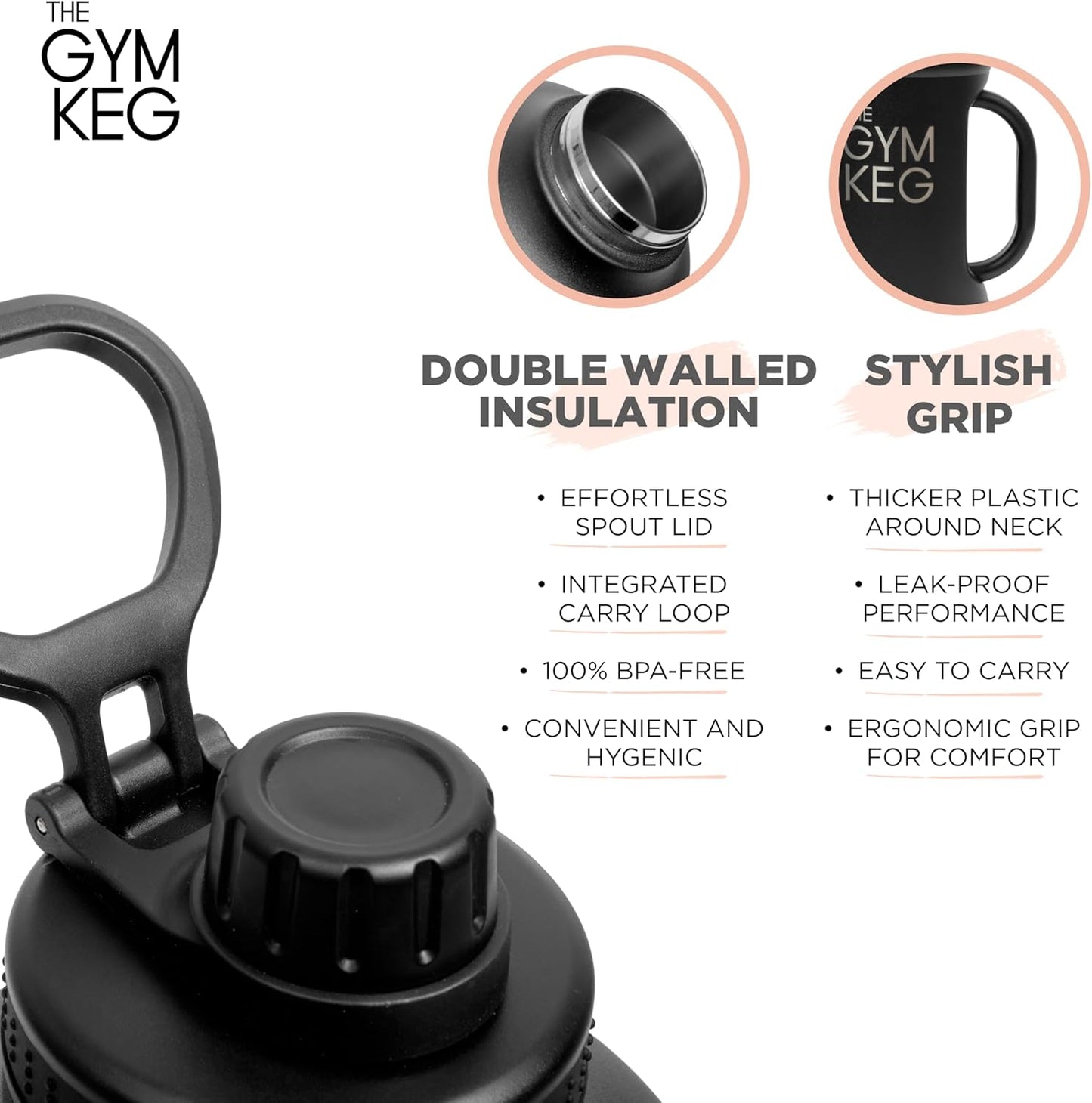 Gym Keg 2L Insulated Water Bottle – 24h Cold / 12h Hot – Wide Mouth, Leak‑Proof